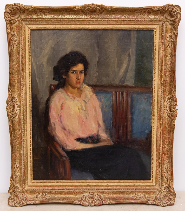 Unknown Portrait Painting - "Pensive Lady in Pink" Impressionist Oil Painting Early 20th Century