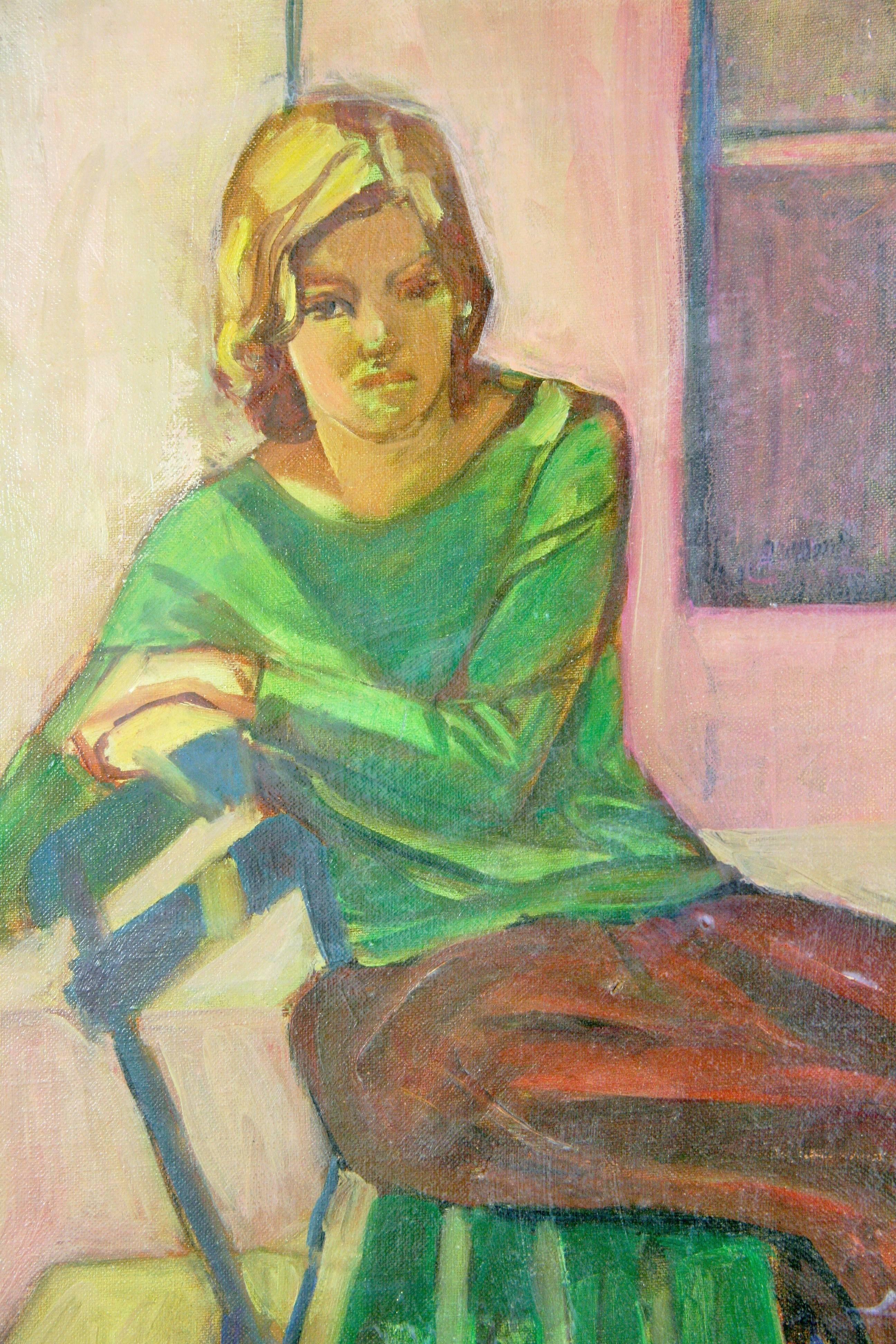 Mid Century  Woman Figurative  by Santi - Brown Figurative Painting by Unknown