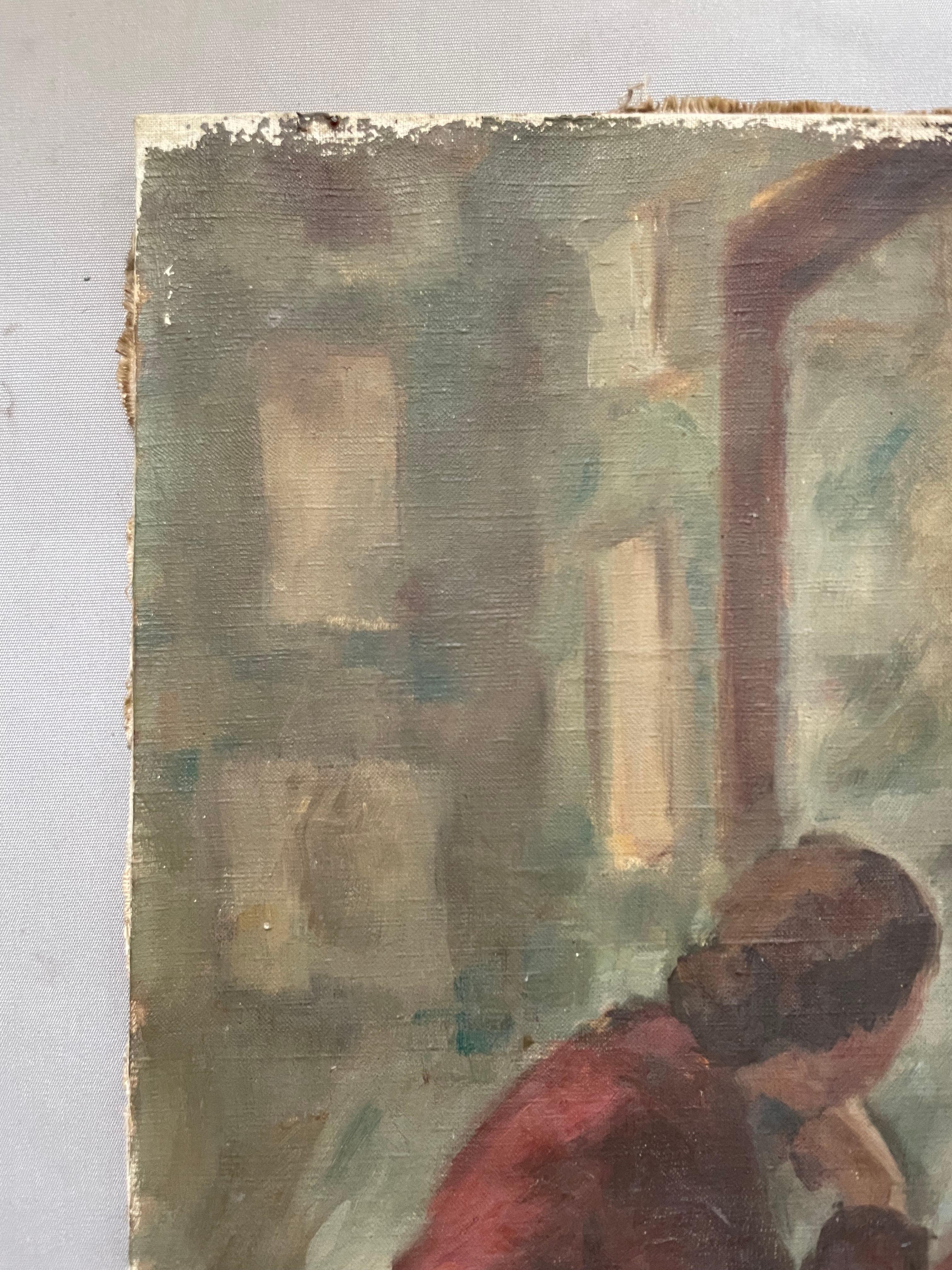 Pensive Woman In Front Of Her Mirror, Oil On Canvas - Brown Portrait Painting by Unknown