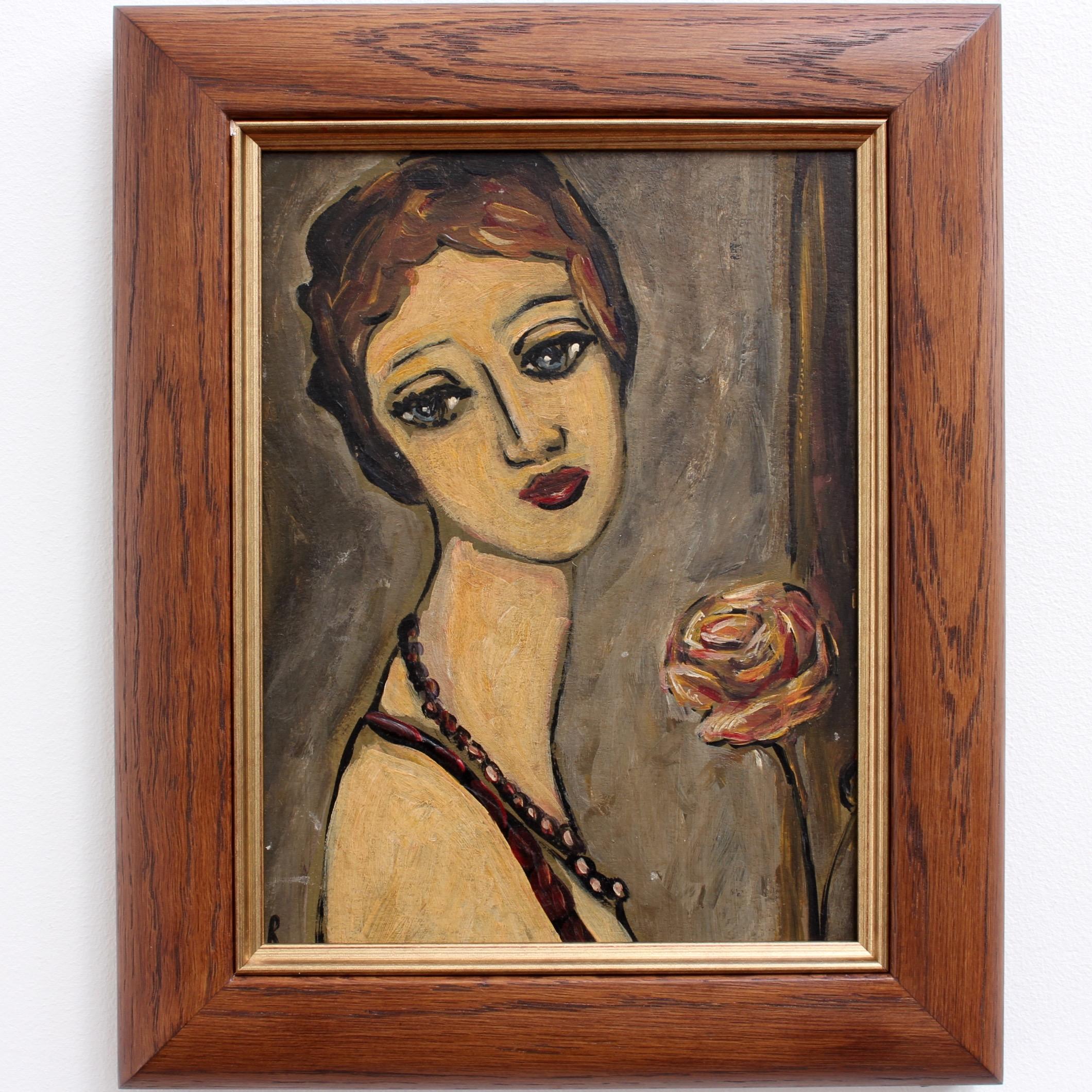 'Pensive Woman with Rose', Mid-Century Portrait Oil Painting (circa 1940s - 50s) - Brown Portrait Painting by Unknown