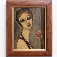 'Pensive Woman with Rose', Mid-Century Portrait Oil Painting (circa 1940s - 50s)