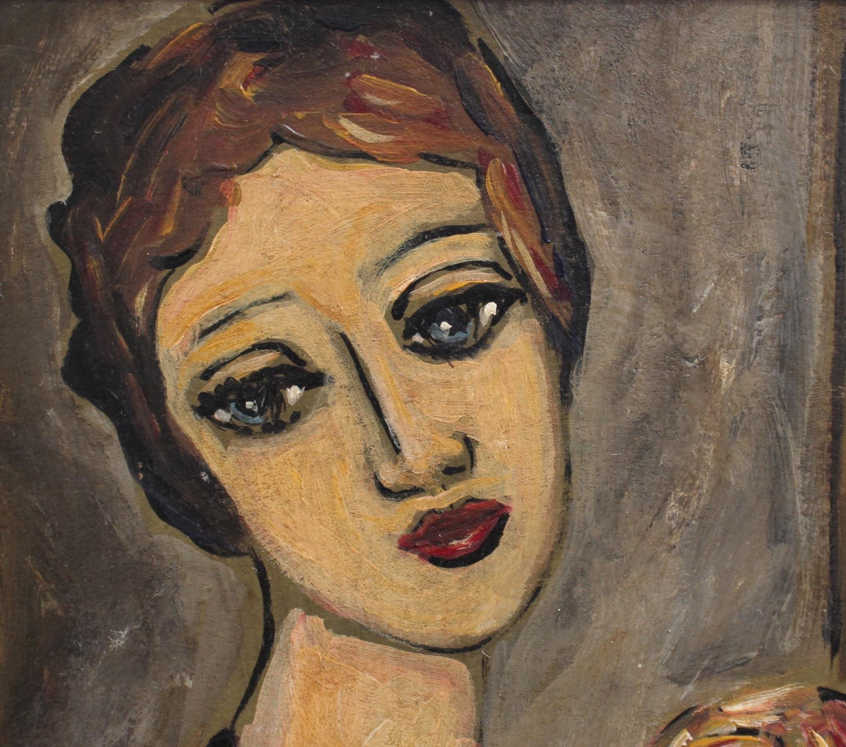 'Pensive Woman with Rose', oil on board, by unknown artist with initials F.O.R. (circa 1940s - 1950s). This is a portrait of an elegant young woman in the dress of a 1920s flapper but without the verve and gusto associated with the period. Flappers