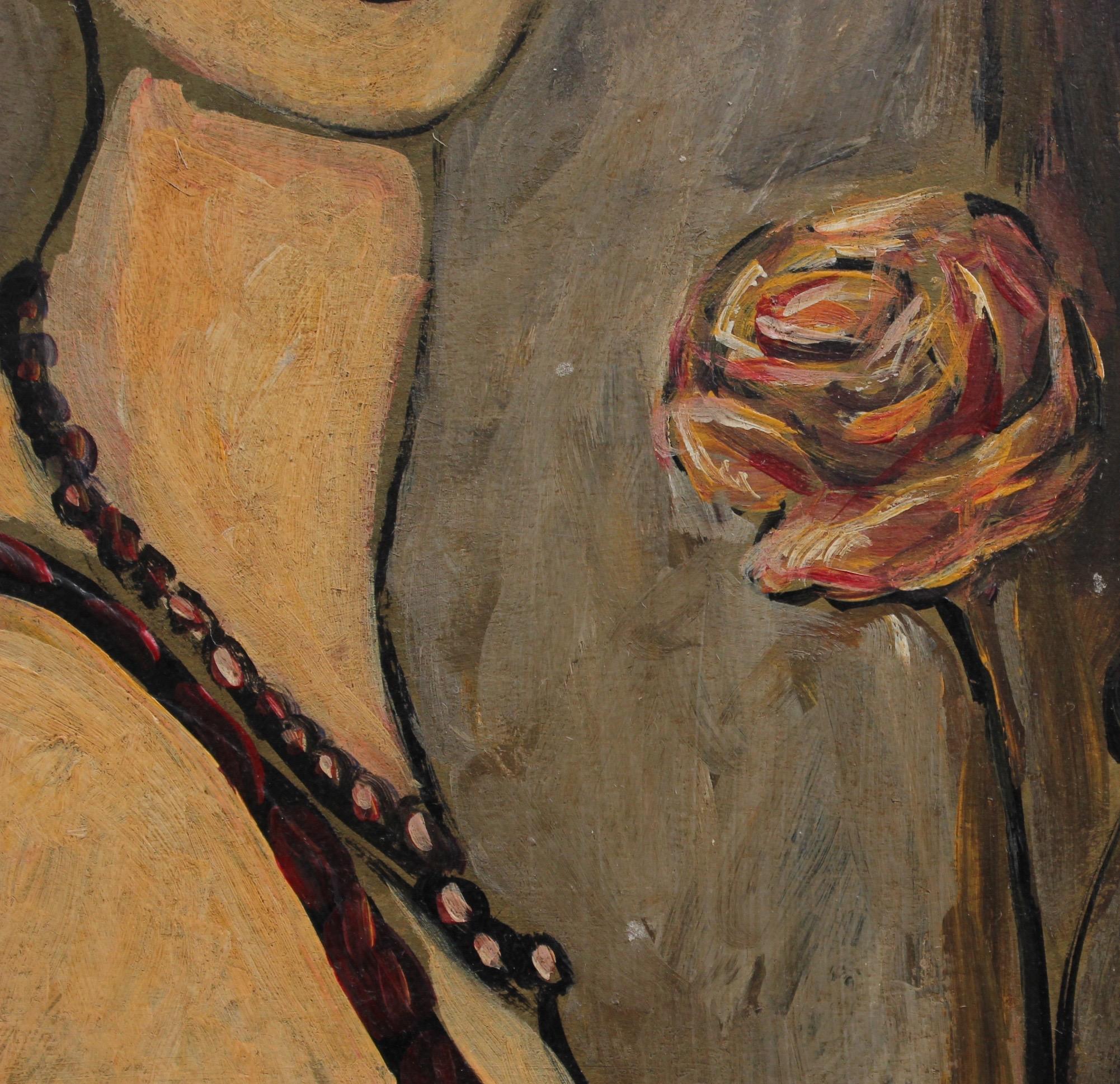 'Pensive Woman with Rose', Mid-Century Portrait Oil Painting (circa 1940s - 50s) 1