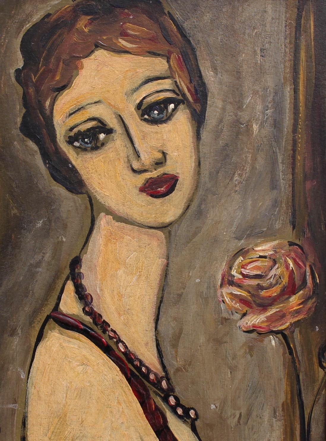 'Pensive Woman with Rose', Mid-Century Portrait Oil Painting (circa 1940s - 50s) 6