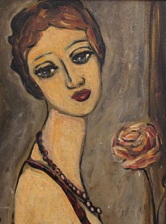 Retro 'Pensive Woman with Rose', Mid-Century Portrait Oil Painting (circa 1940s - 50s)