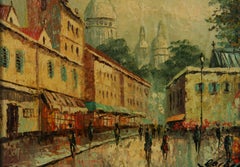 People Strolling Thru Montmartre Paris Impressionist  Oil Landscape 1950's
