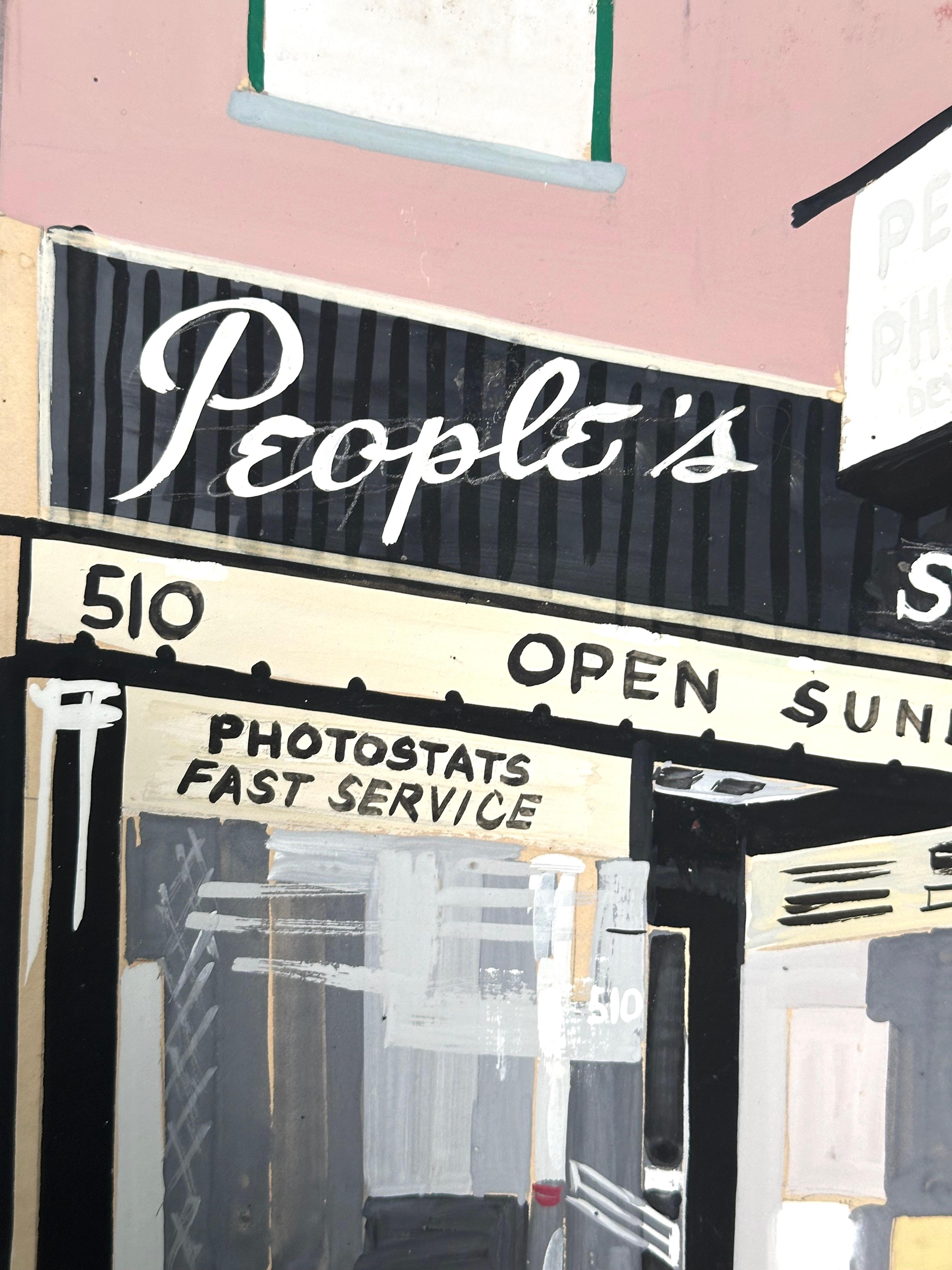 Pintura ilustrativa muy interesante de la tienda People's Photo Service, ubicación desconocida,

Aguada sobre cartón ilustración, medidas 9 x 12,5 pulgadas, 12 x 16 pulgadas en el paspartú original. 

Sin enmarcar. Sin firmar. 
