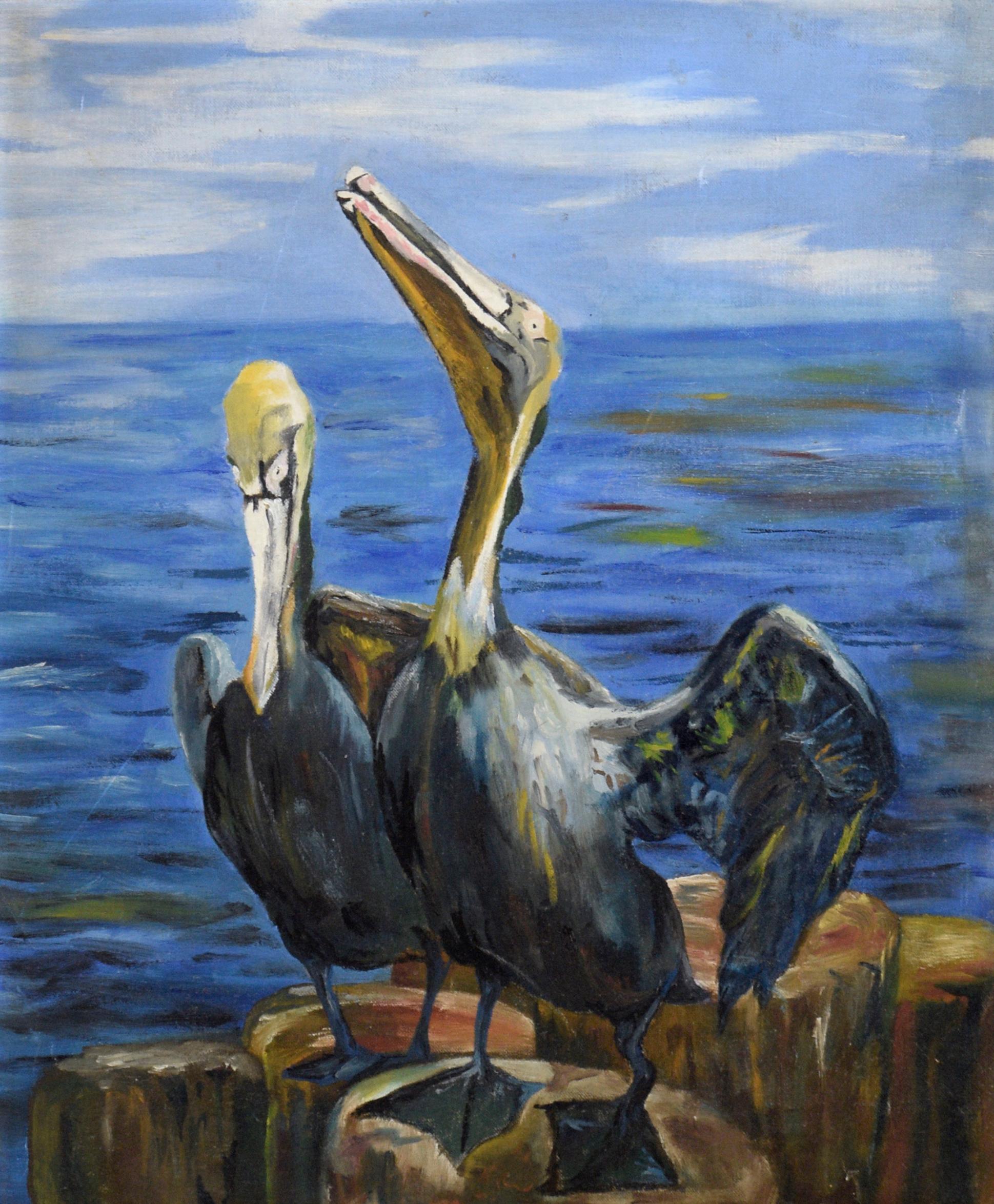 Perched Pelicans by the Ocean - Oil on Canvas - Painting by Unknown