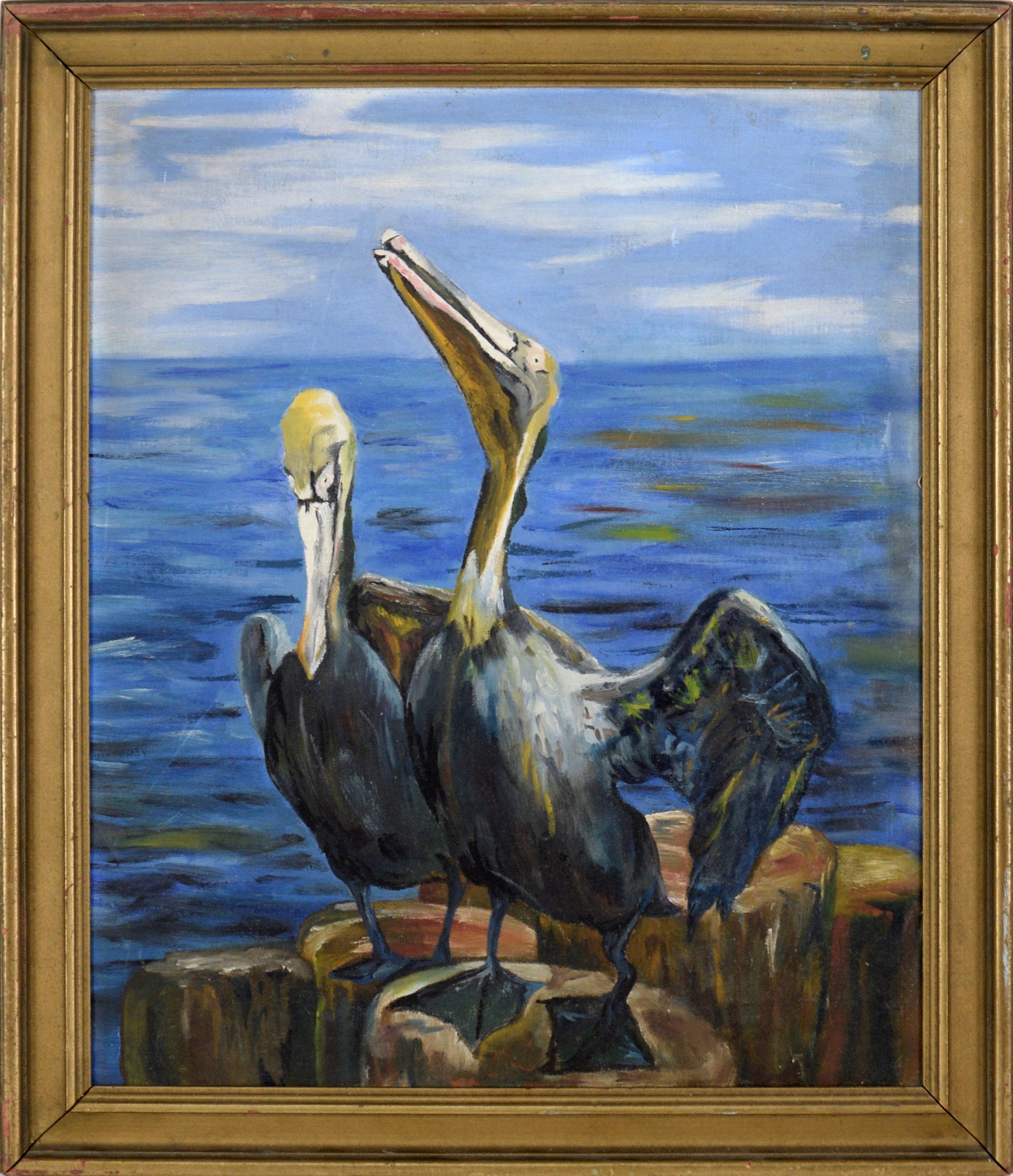 Unknown Animal Painting - Perched Pelicans by the Ocean - Oil on Canvas