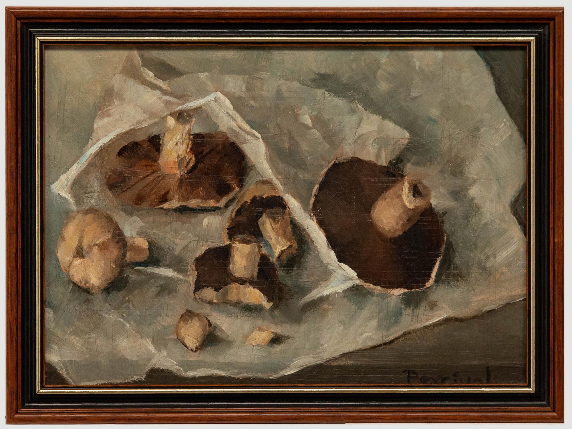 Still-Life Painting Unknown - Huile du milieu du 20e siècle, étude de champignons de Percival