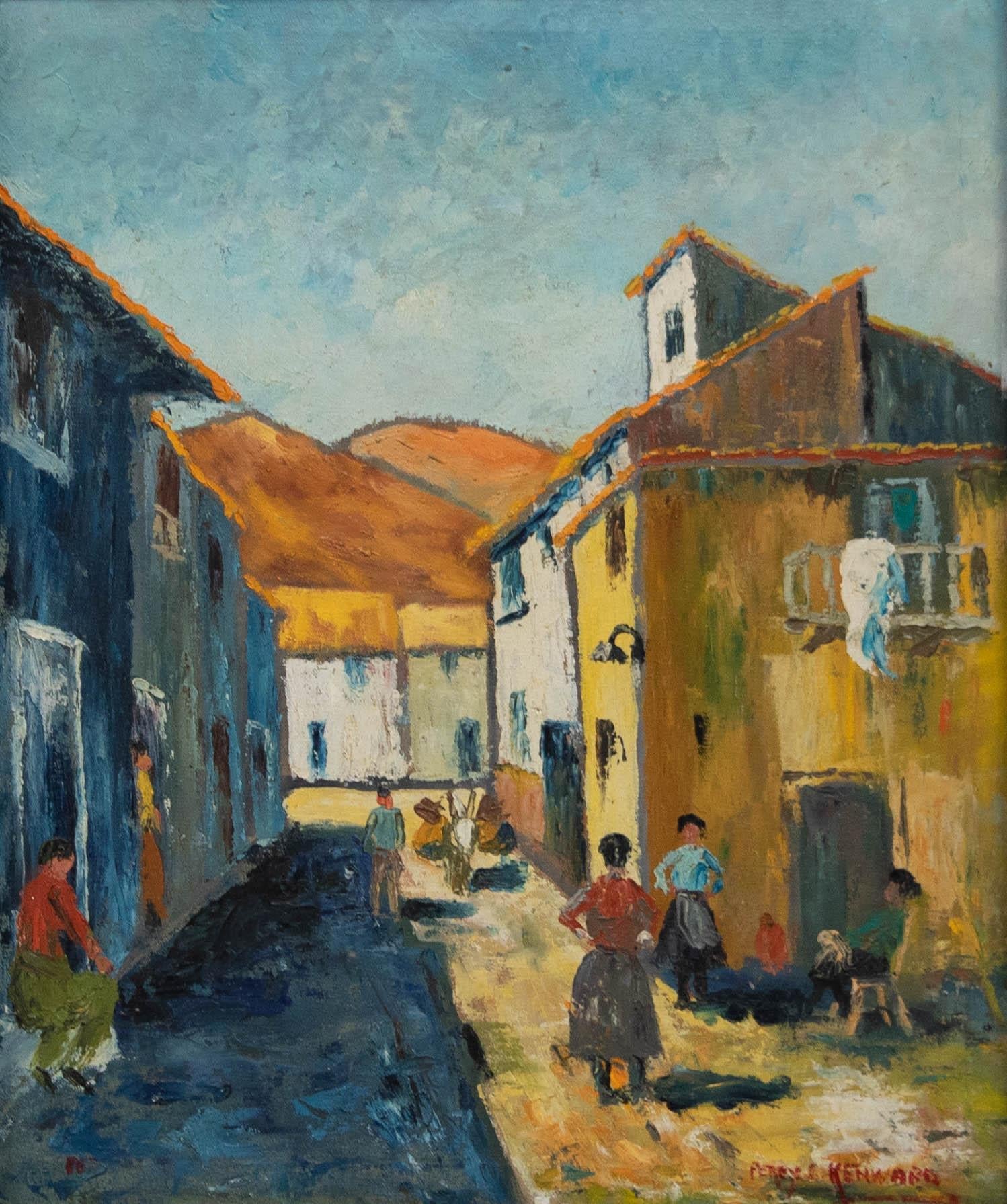 Huile du 20e siècle encadrée, scène de rue continentale de Percy Kenward - Painting de Unknown