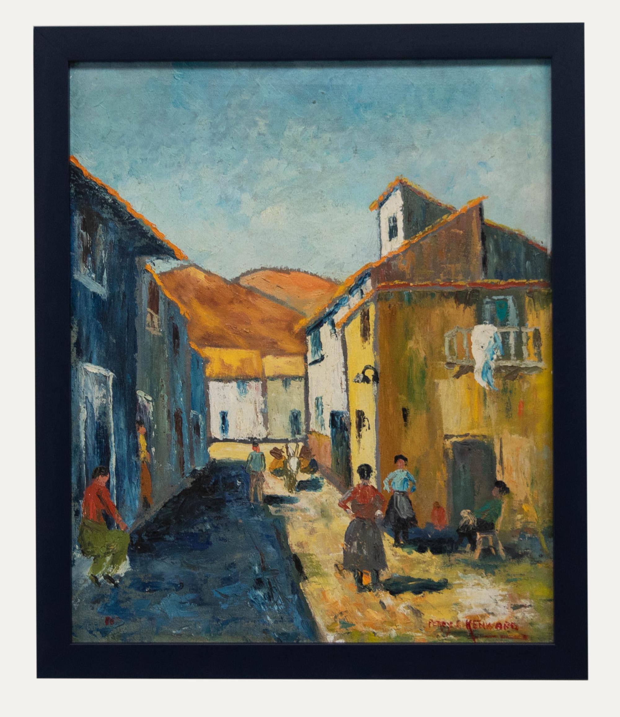 Landscape Painting Unknown - Huile du 20e siècle encadrée, scène de rue continentale de Percy Kenward