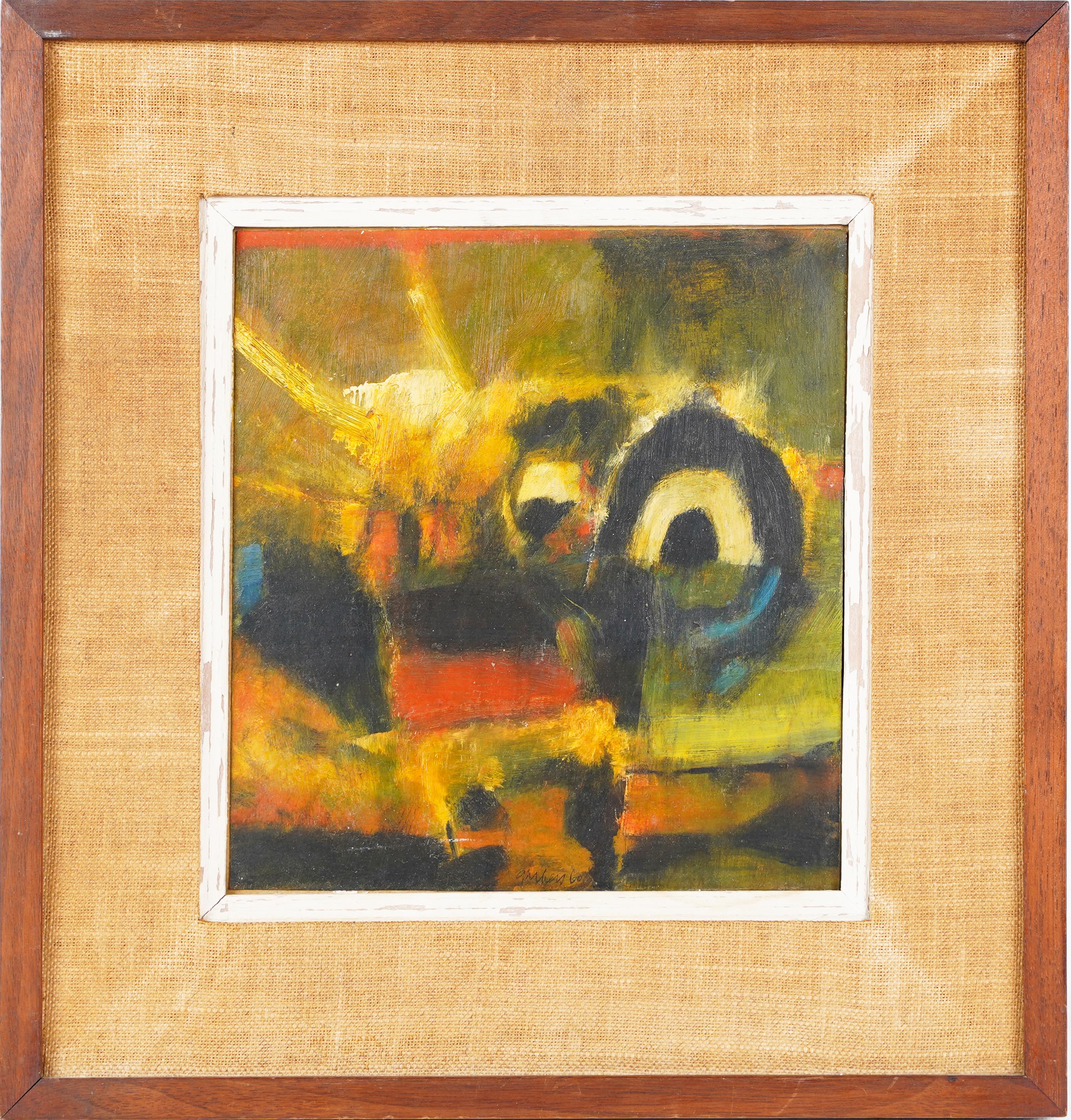 Pittura d'epoca espressionista astratta del 1960 firmata olio su carta con cornice - Painting di Unknown