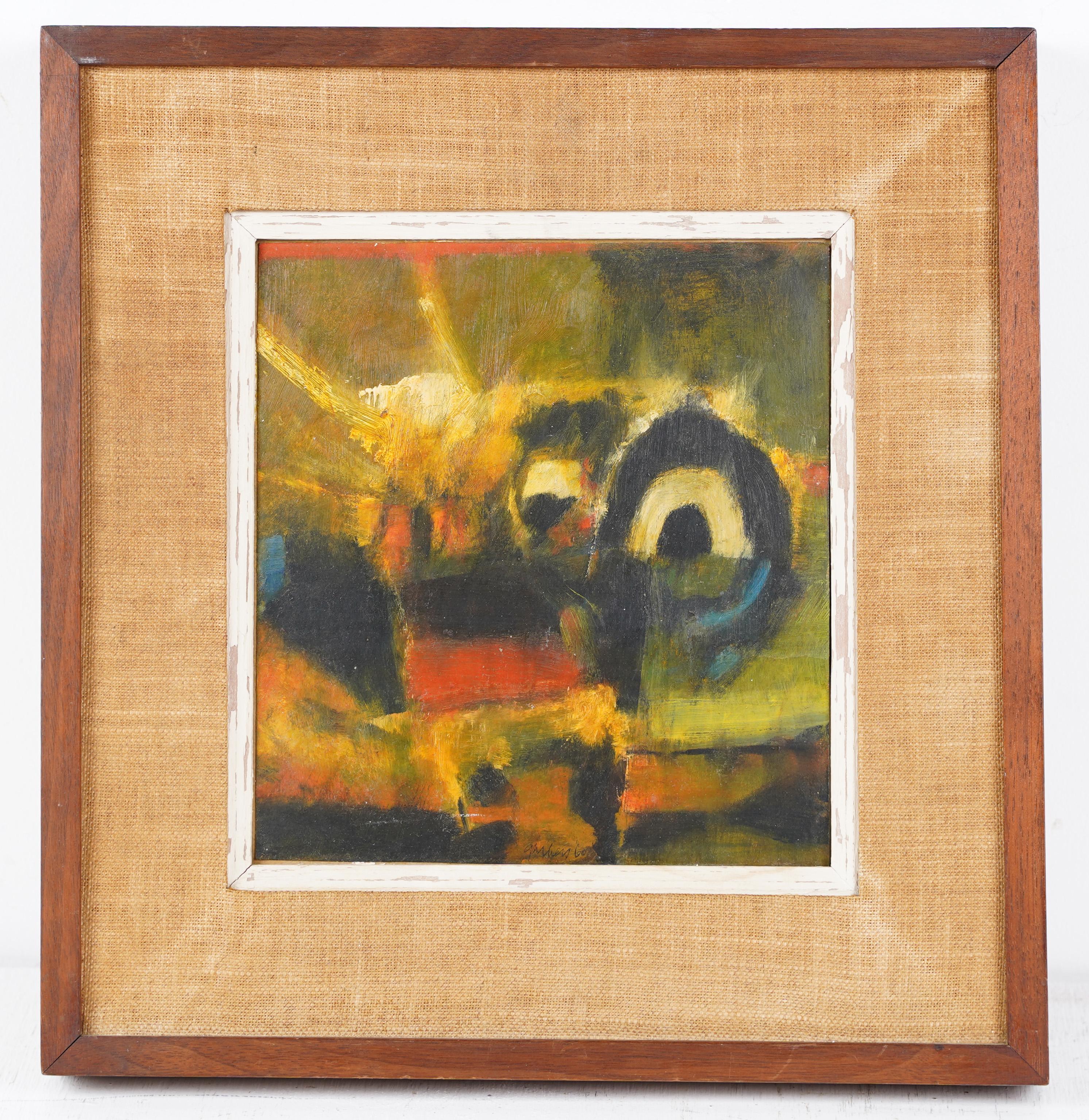 Pittura d'epoca espressionista astratta del 1960 firmata olio su carta con cornice - Painting Astratto di Unknown