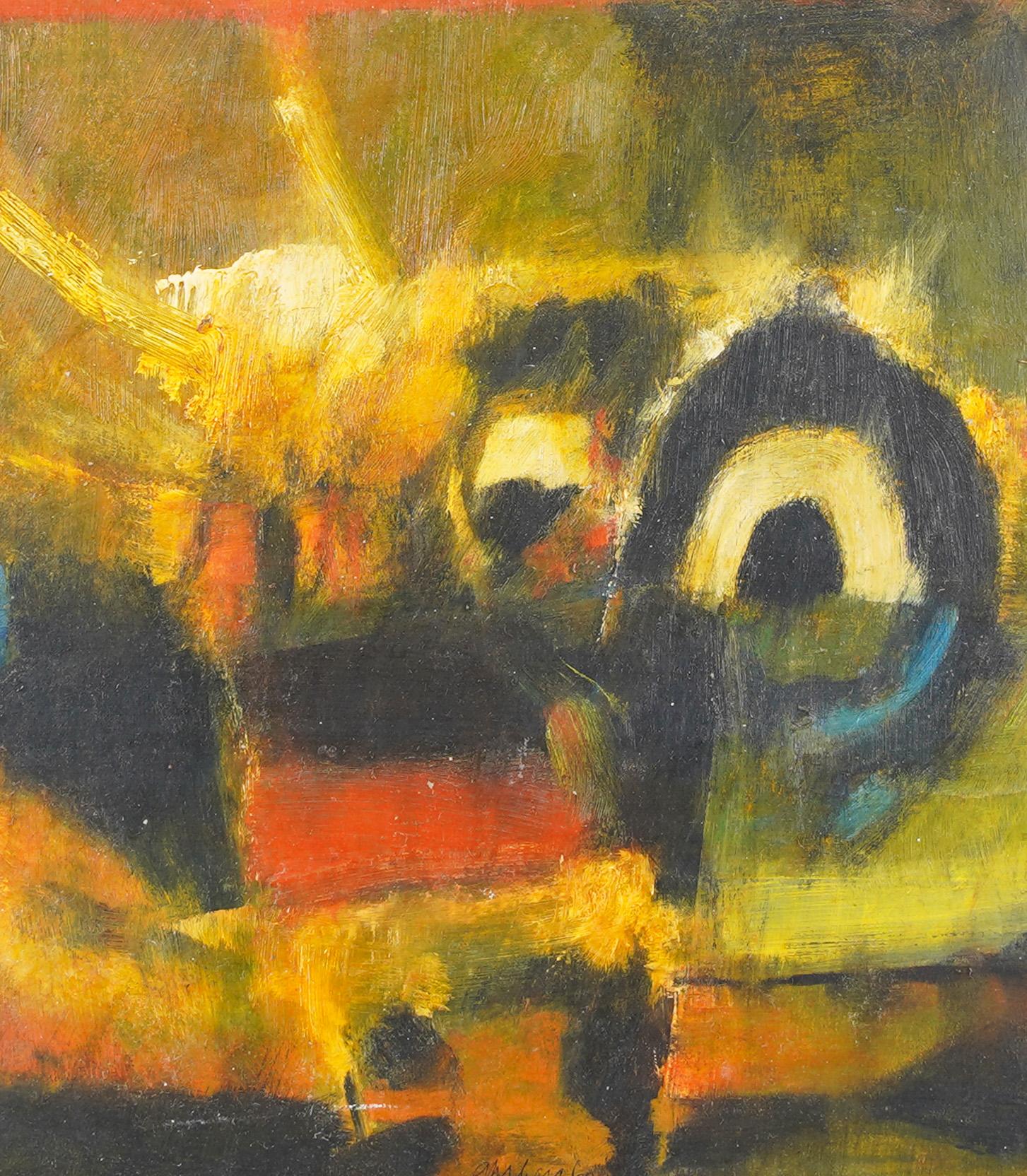 Pittura d'epoca espressionista astratta del 1960 firmata olio su carta con cornice - Abstract Painting Marrone di Unknown