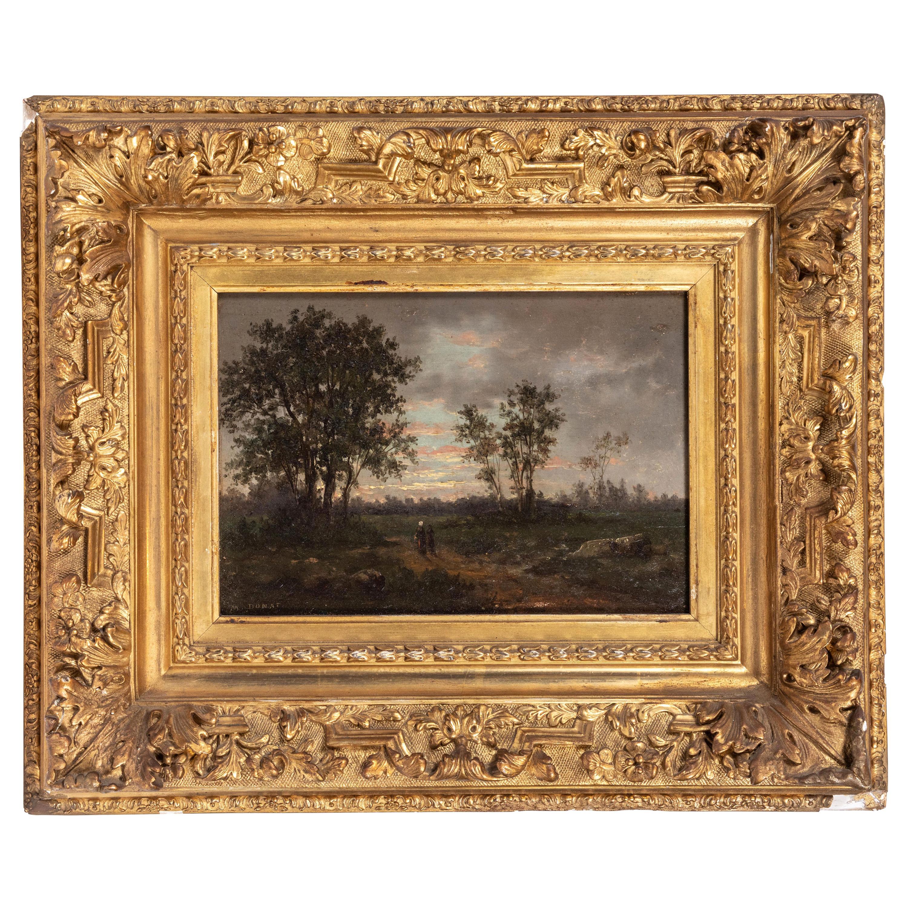 Beautifully rendered, 19th century, oil-on-board, French, Barbizon-school painting of figures in a landscape - signed, “M. Donat”, lower left, and inscribed by the artist on the reverse. Held in a richly hand carved, gessoed, and gilded frame.