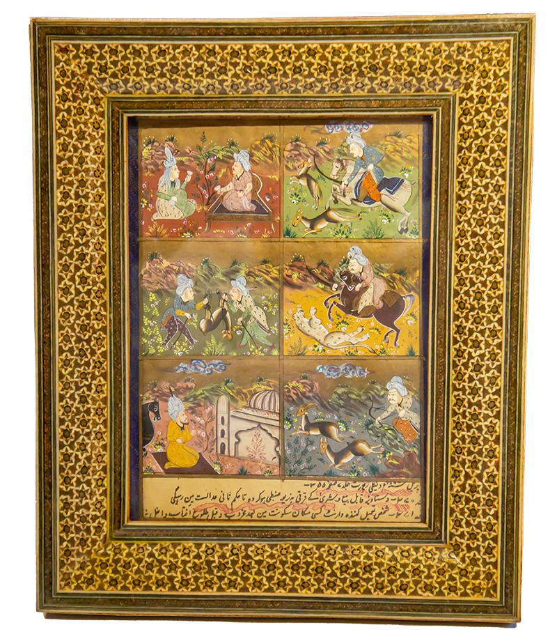 Telaio 13x10,75
(senza cornice) Dimensioni: 7,5 pollici. X 9,25 pollici (19 cm X 28 cm) 


Miniatura persiana dipinta con acquerelli opachi e scritta in persiano, che si riferisce a un libro e alla pagina 355. Raffigura una scena di caccia