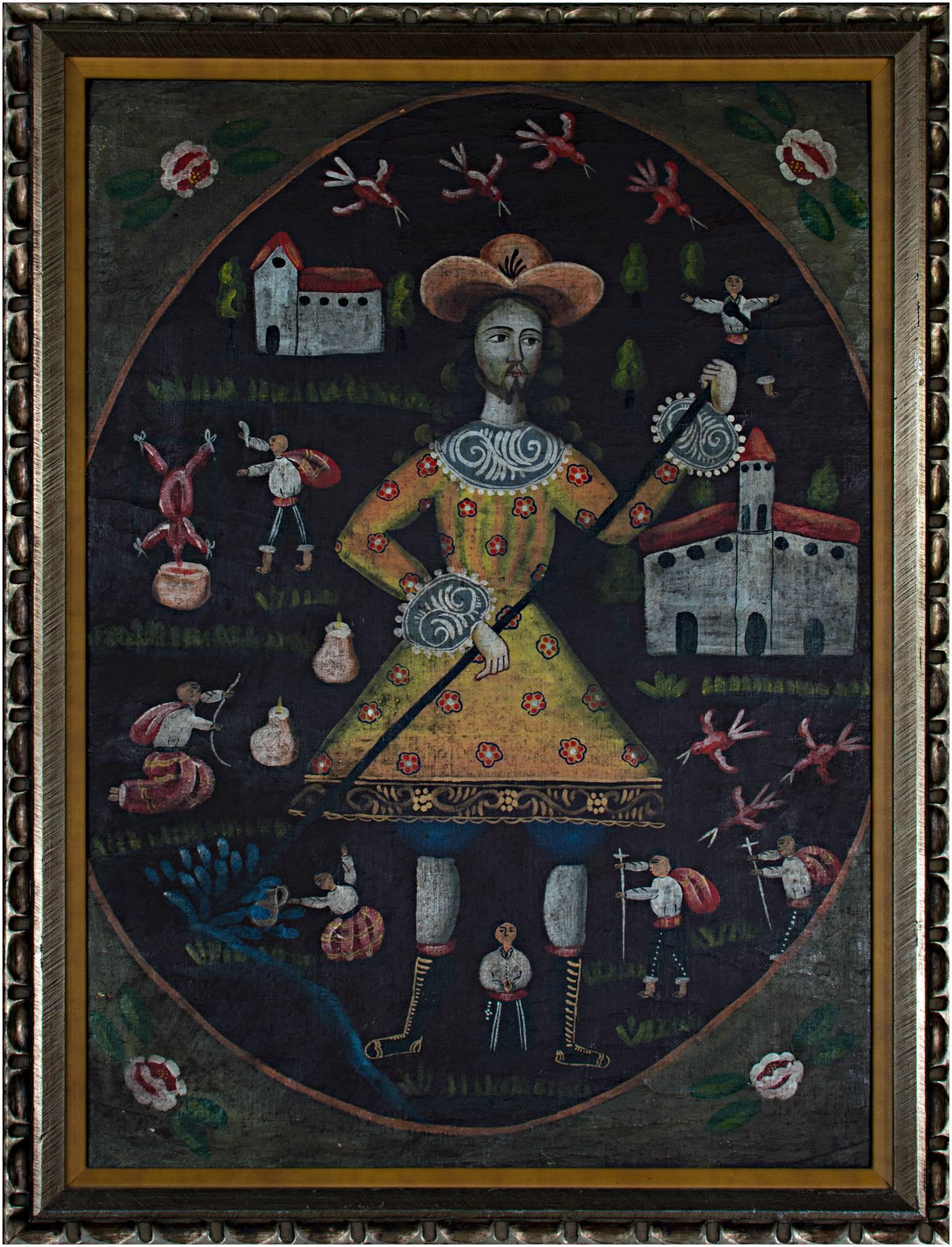 Dieses Ölgemälde der Volkskunst wurde von einem unbekannten peruanischen Künstler geschaffen. Es zeigt einen Mann in einem gelben Kostüm, der von anderen, kleineren Figuren umgeben ist. Hinter ihm befinden sich eine Kirche und ein weiteres Gebäude.