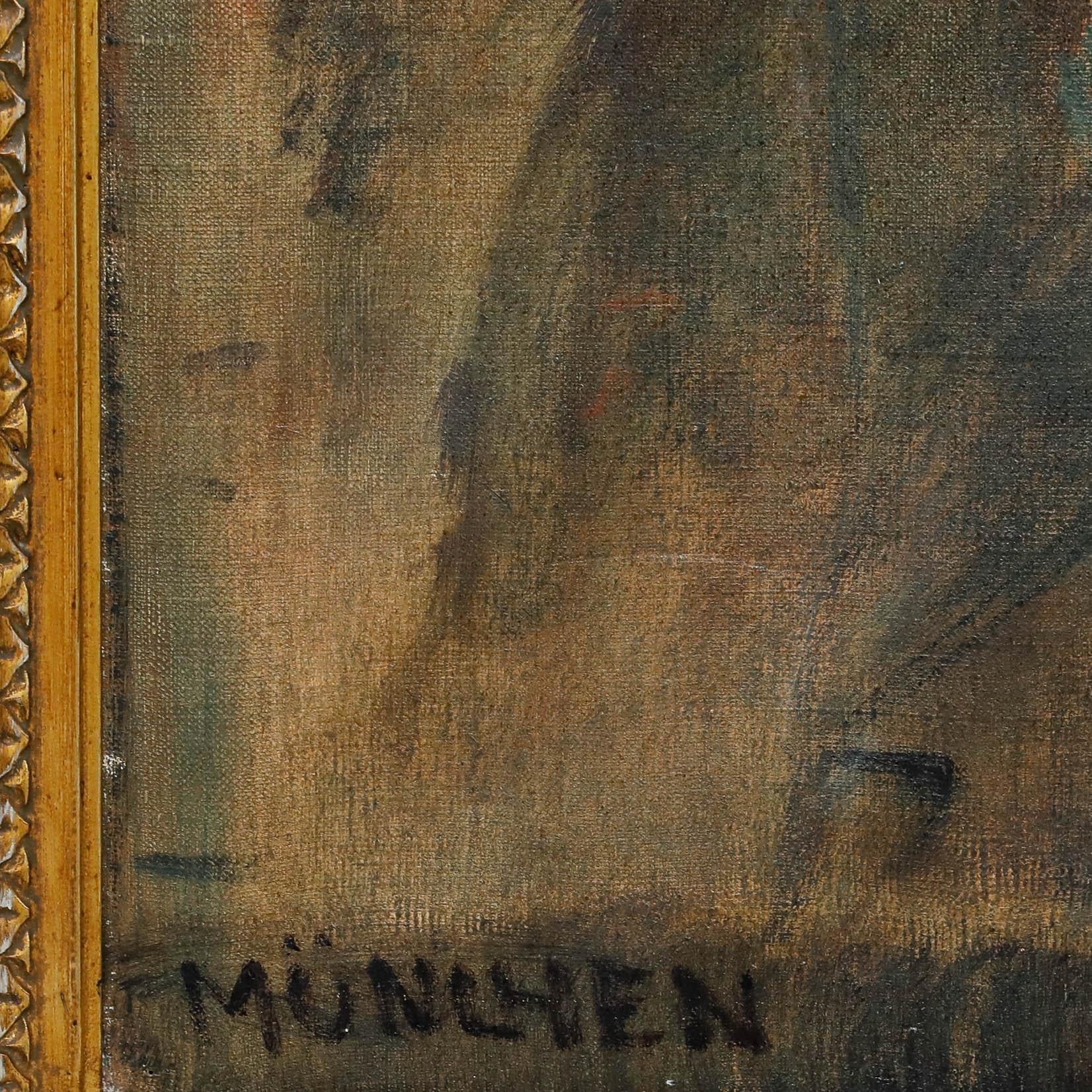 A charming portrait of a seated man wearing a suit captured in a loose, but formal style. Acquired as a pair of portraits with the other depicting his wife Frau Brandt. Signed and inscribed with Munich location. Inscribed and dated verso. Presented