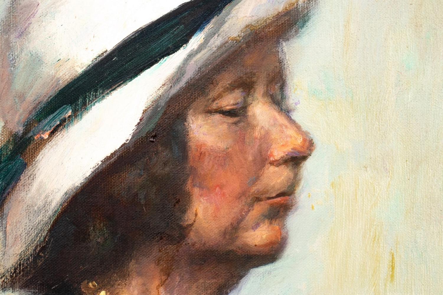 Peter Ho (He Jie Ming, chino/americano, nacido en 1953), Mujer sentada con sombrero blanco, óleo sobre lienzo, 1986-87, etiqueta de la Art Students League de Nueva York en el reverso, sin enmarcar. Alto 40