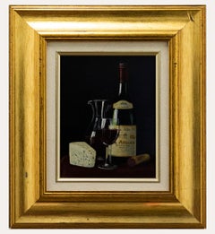 Peter Kotka (nato nel 1951) - Olio contemporaneo, Rioja, brocca di vino e formaggio