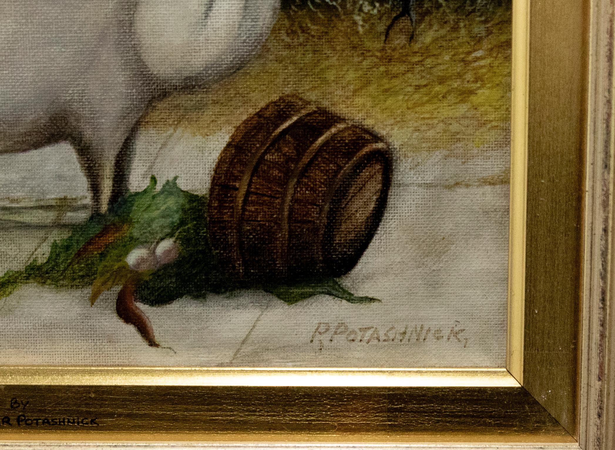 Eine charmante Volkskunstszene in Öl, die ein großes weißes Schwein zeigt, das in einem Stall ein Fass mit Gemüse verputzt. Das Ölgemälde wurde in einem wunderschönen naiven Stil gemalt, der an die ursprüngliche Volkskunst des 19. Jahrhunderts