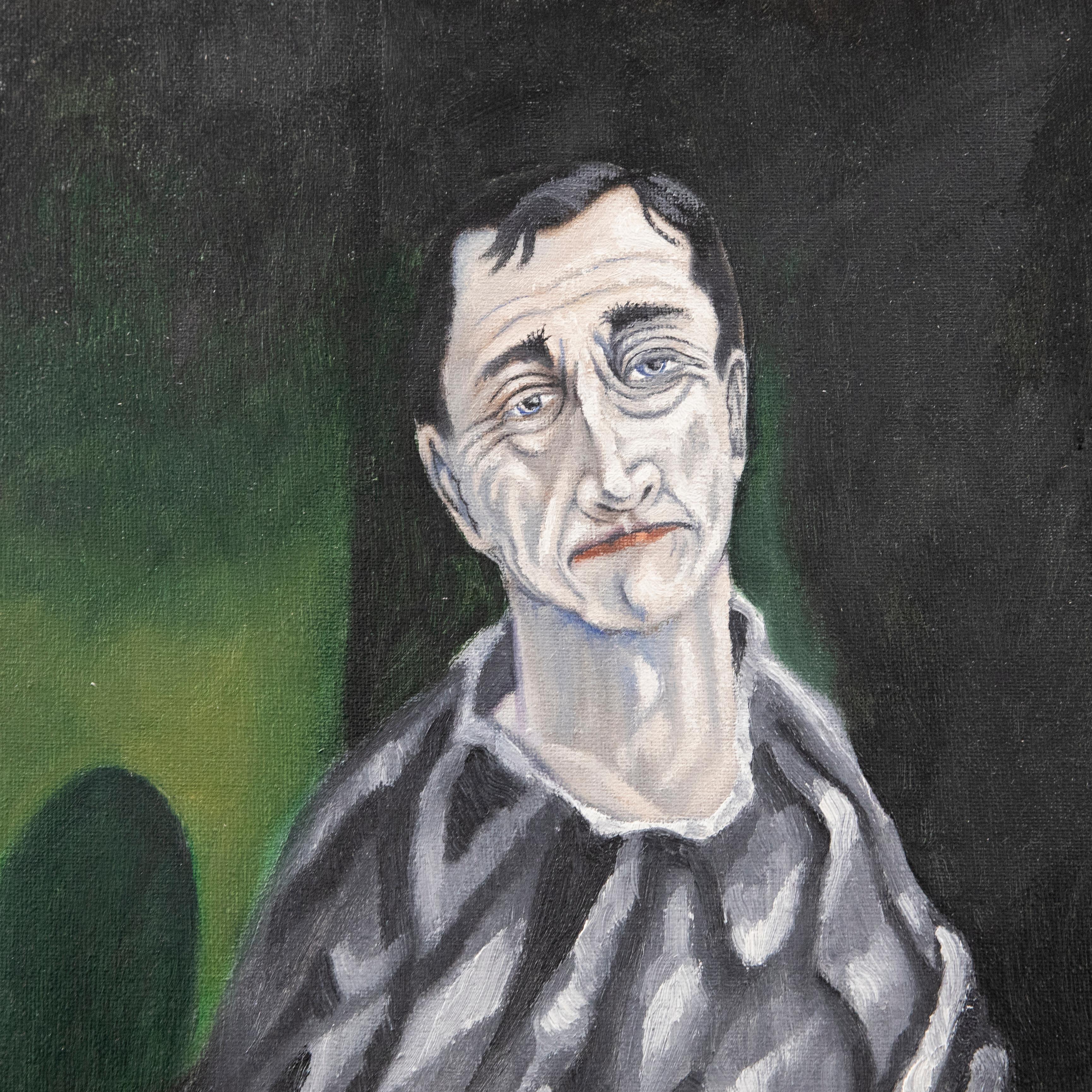 A striking self portrait of the artist sitting on the floor of a darkened room, A self reflective, emotional piece, the artist explores darker subjects in this haunting portrait. Signed and dated to the lower right. On canvas. 
