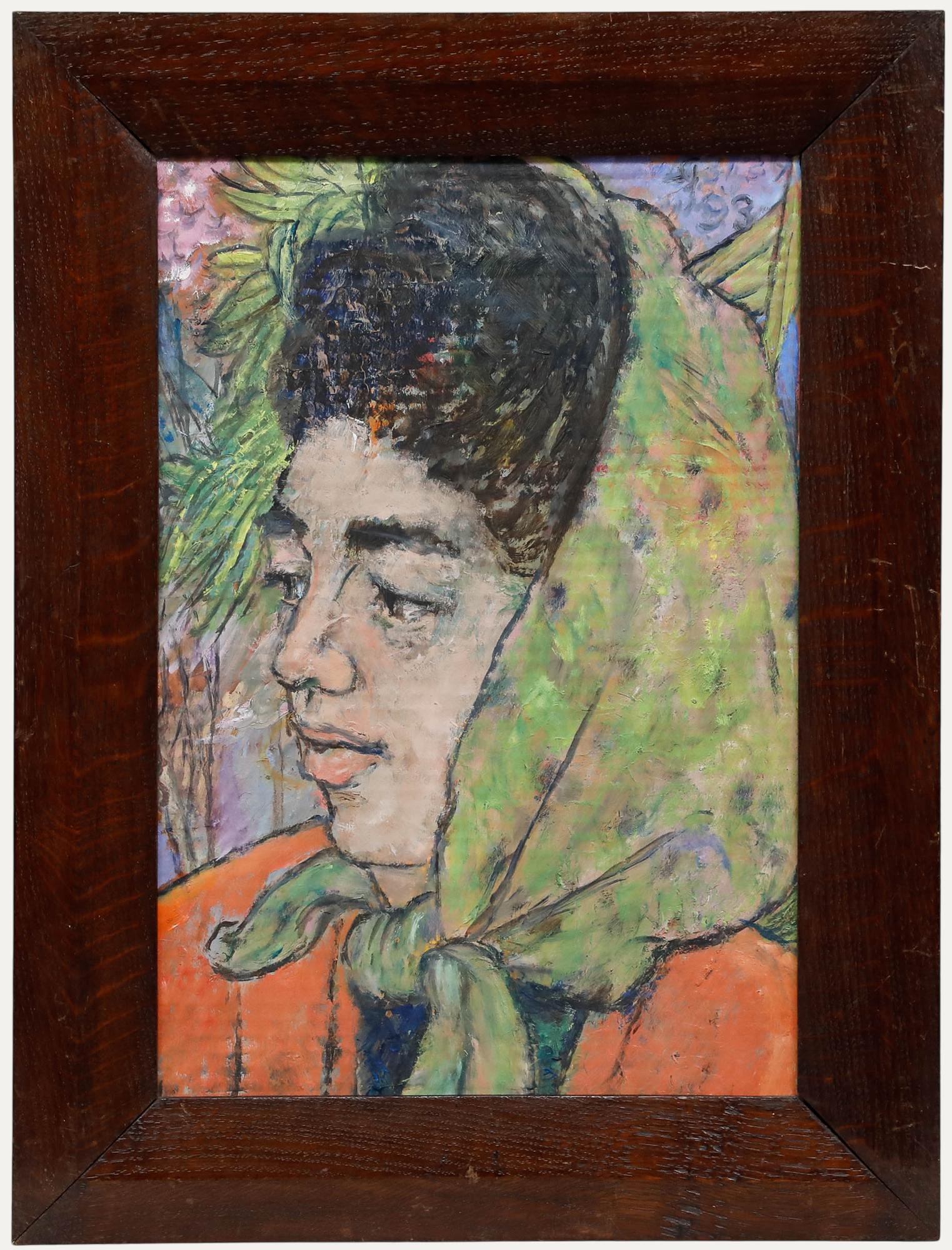 Peter Samuelson (1912-1996) - 1993 Öl, Dame mit grünem Kopftuch