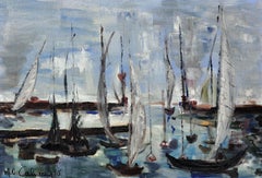 Petit Port Du Havre 1965 Mid-20th Century French Impressionist Oil Painting