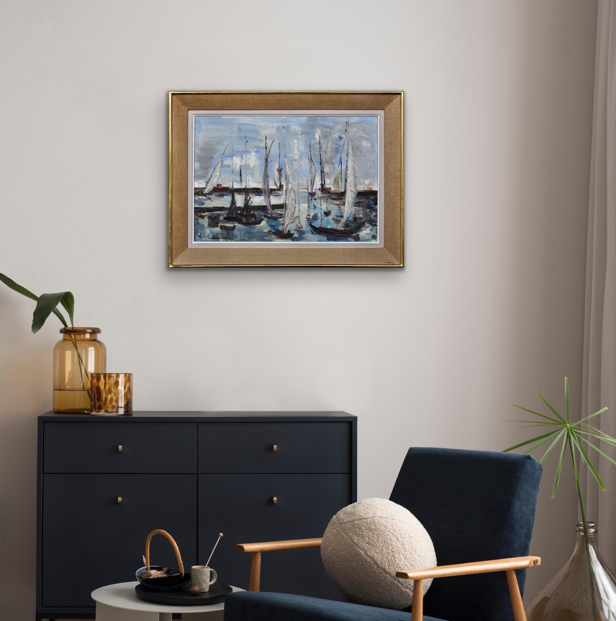 Petit Port Du Havre 1965 Pintura al óleo impresionista francesa de mediados del siglo XX en venta 4