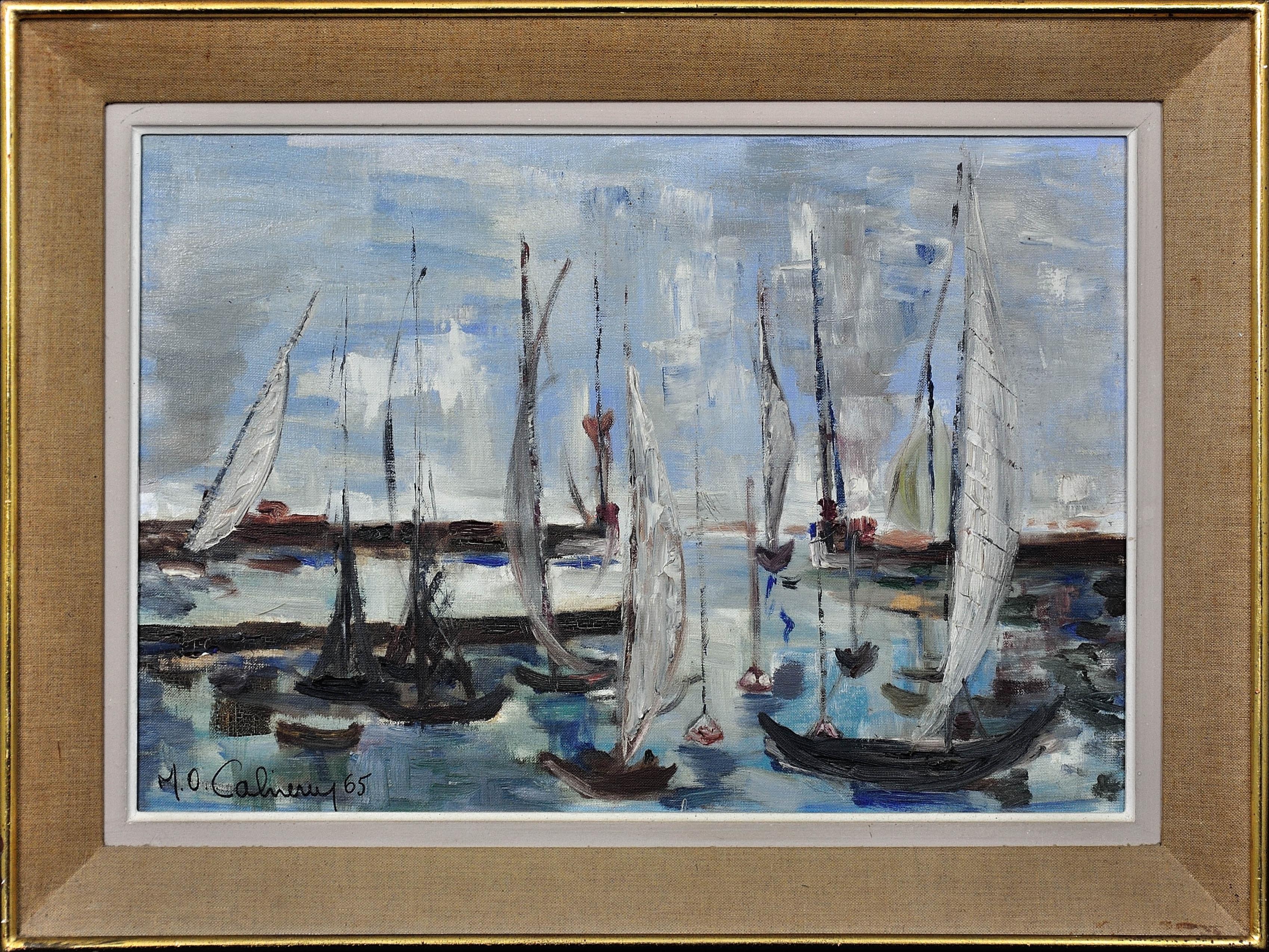 Landscape Painting de Unknown - Petit Port Du Havre 1965 Pintura al óleo impresionista francesa de mediados del siglo XX