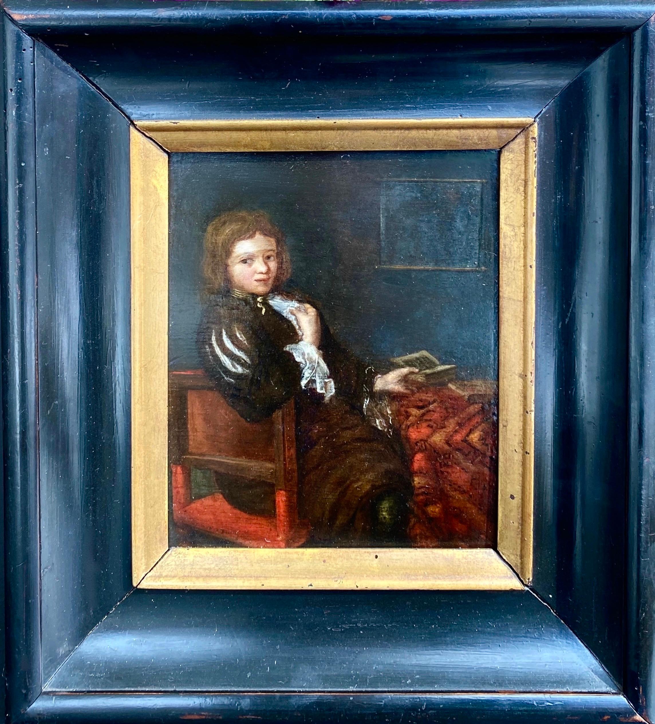 Petite Dutch 17th century portrait of a gentleman - interior genre figurative - Painting by Unknown