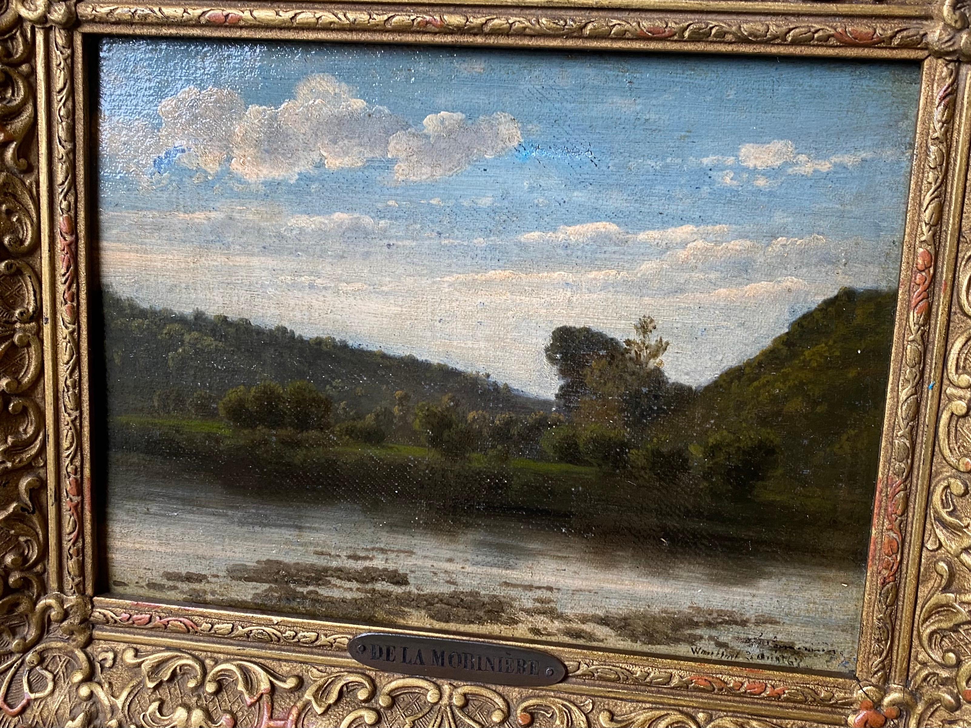 Petite French 19th century Impressionist painting of a river - barbizon school - Brown Landscape Painting by Unknown