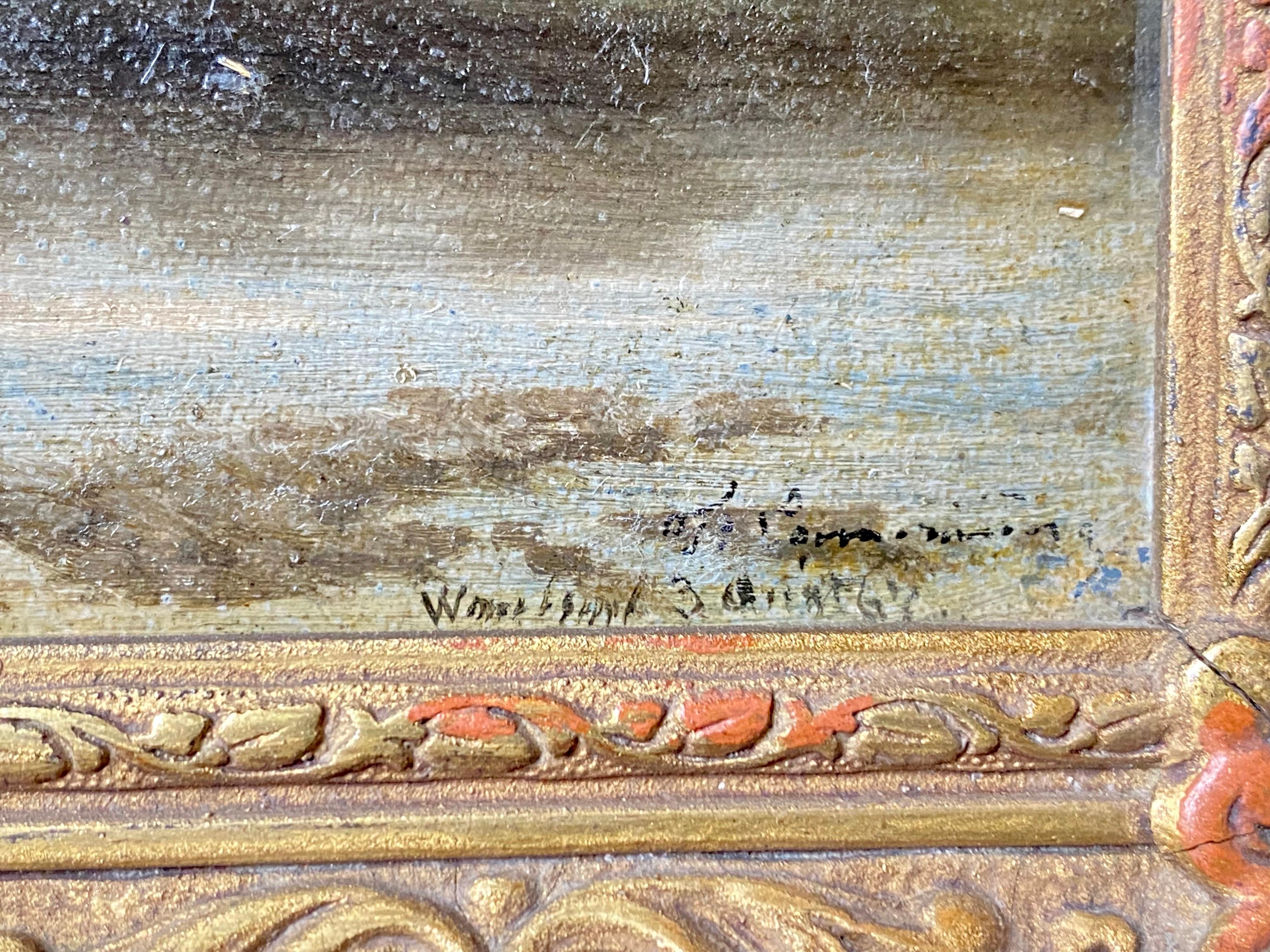 Very fine, petite French barbizon school painting depicting a river-landscape on a sunny summer day. Housed in an antique frame of the period.

The painting without frame measures ca 23 by 17 cms and with frame ca. 31,5*25cm.
It is signed lower