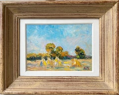 Petite French Impressionist style landscape painting of a Hay Harvest Monet