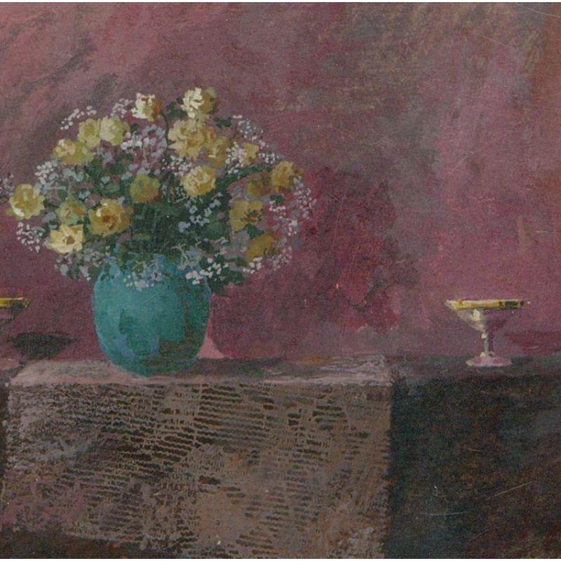 Petru Galis - Framed Contemporary Oil, Still Life, Flowers & Champagne Glasses - Painting by Unknown