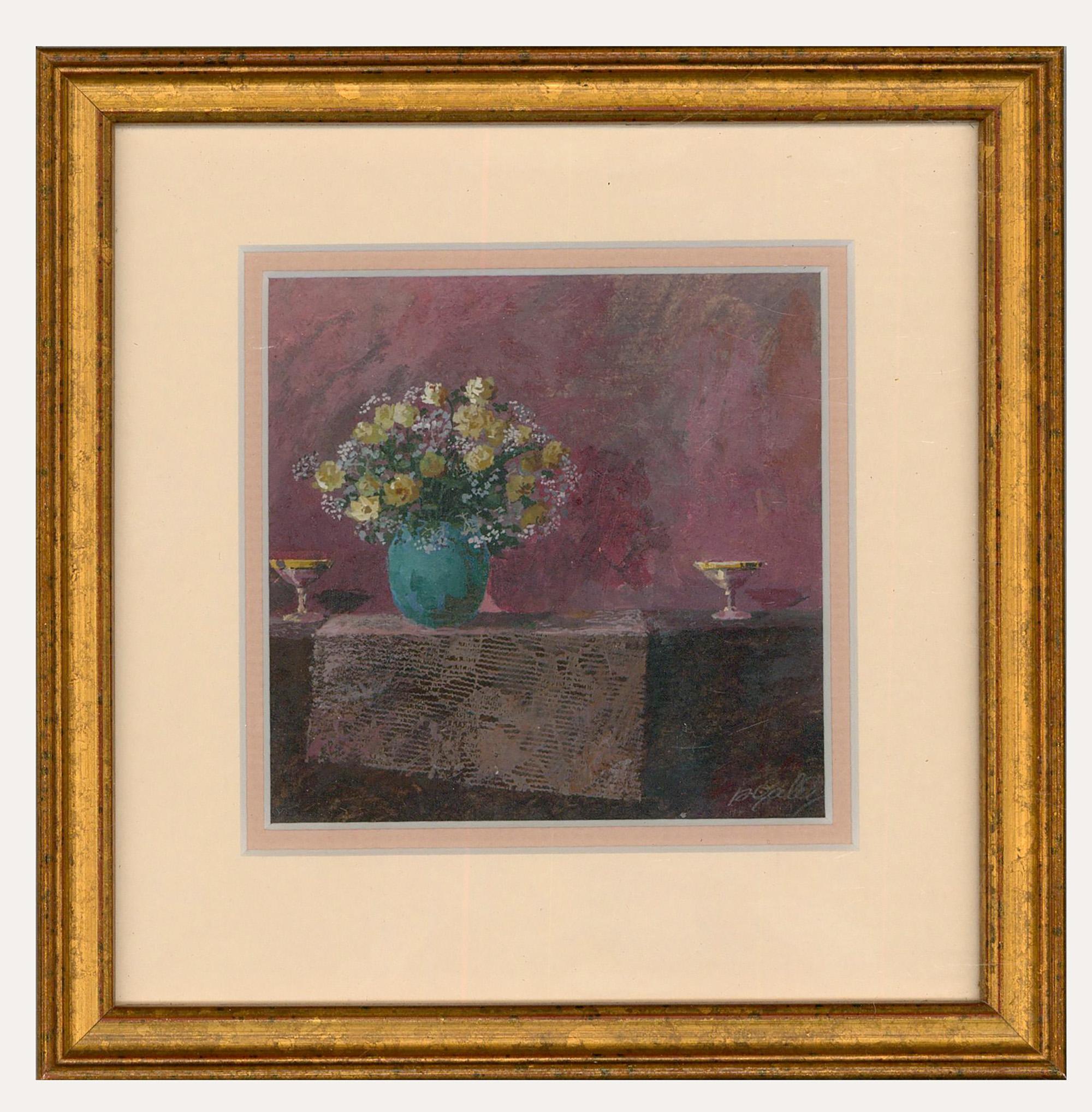 Unknown Still-Life Painting - Petru Galis - Framed Contemporary Oil, Still Life, Flowers & Champagne Glasses
