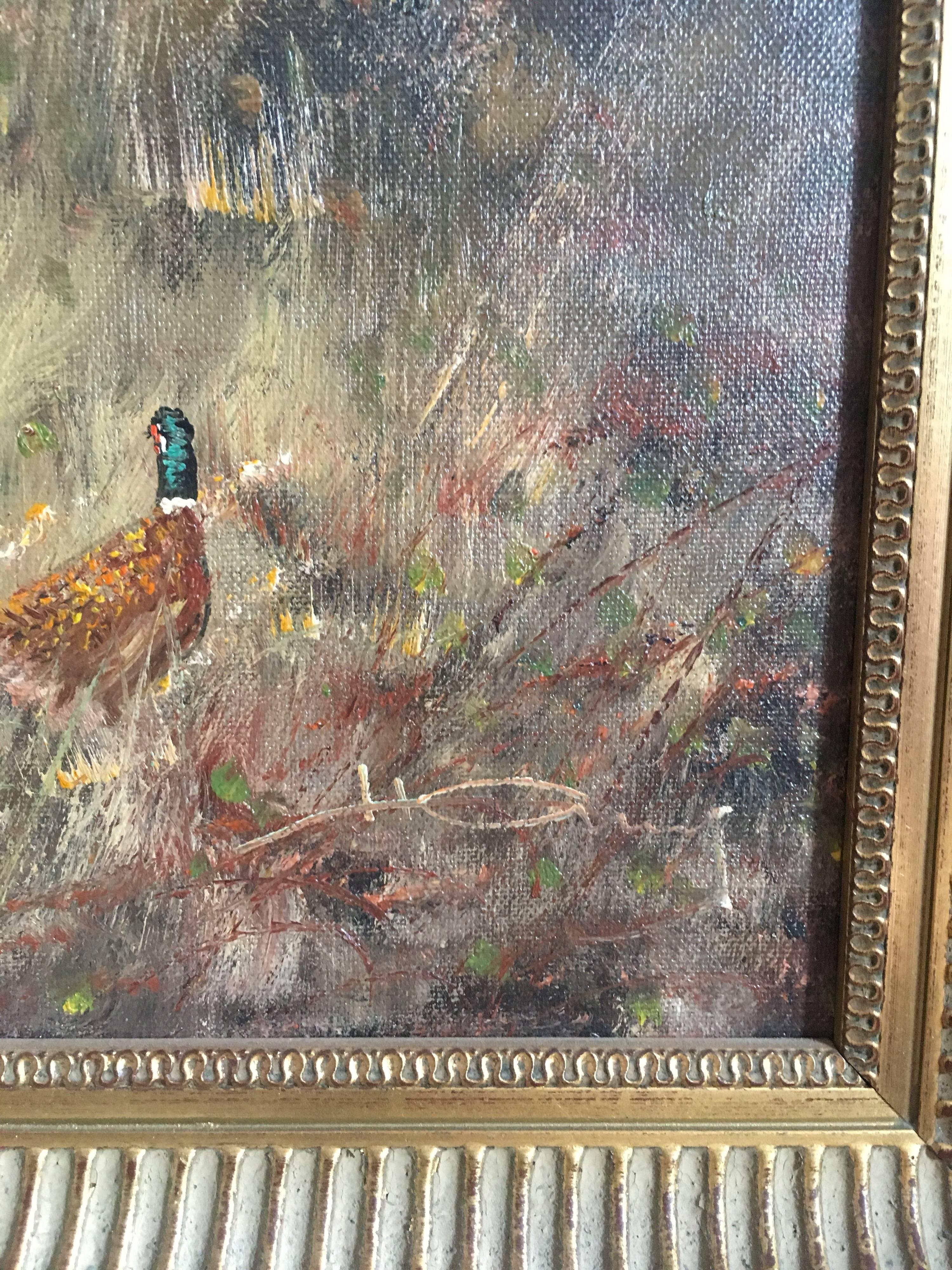 Pheasants In British Countryside, Oil Painting, Signed - Gray Landscape Painting by Unknown