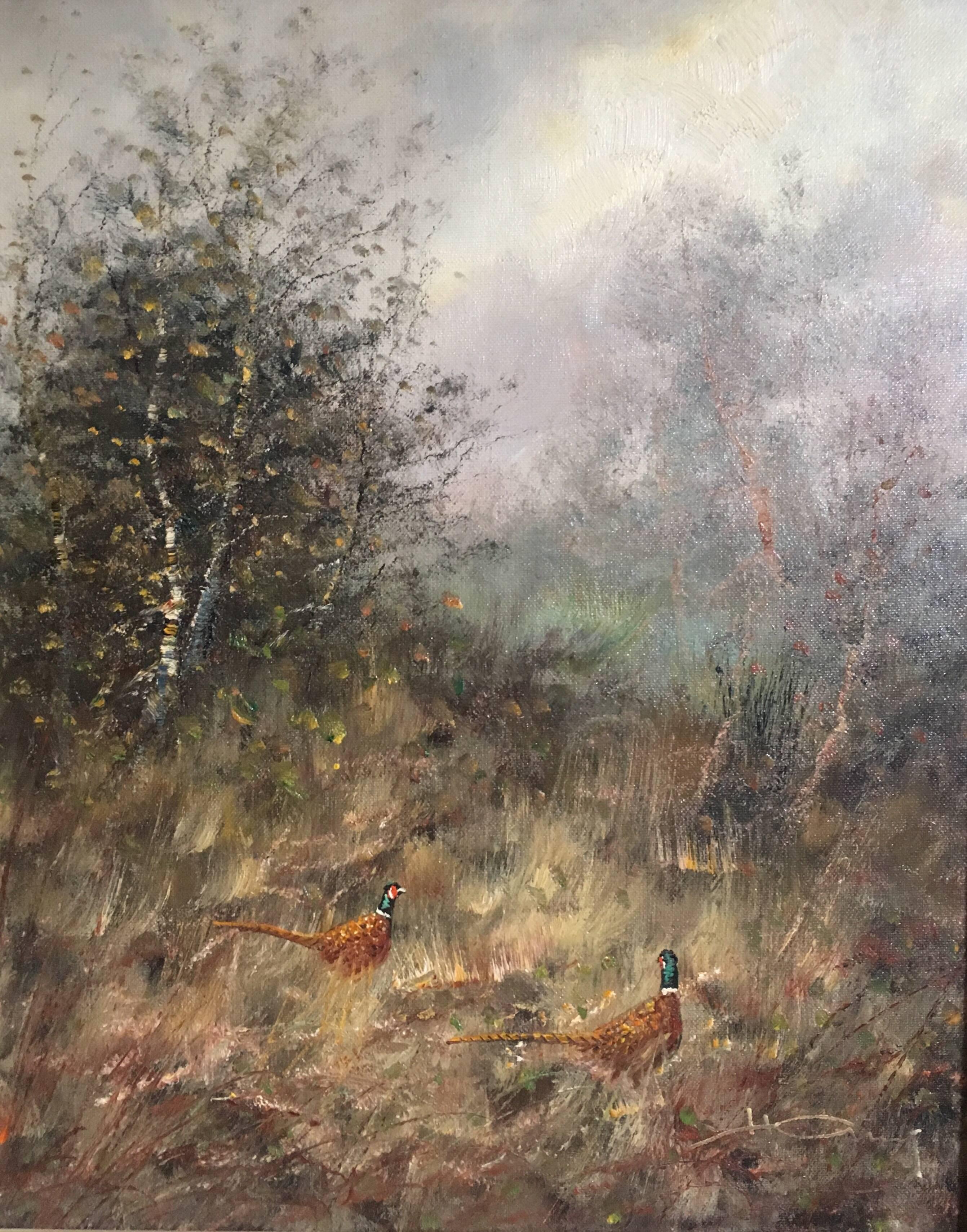 Unknown Landscape Painting - Pheasants In British Countryside, Oil Painting, Signed