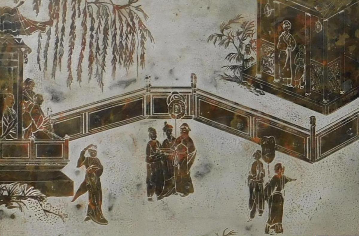 Eindrucksvoller Wandbehang aus patinierter Bronze mit asiatischer Dorfszene.
Ziemlich groß mit den Maßen 20