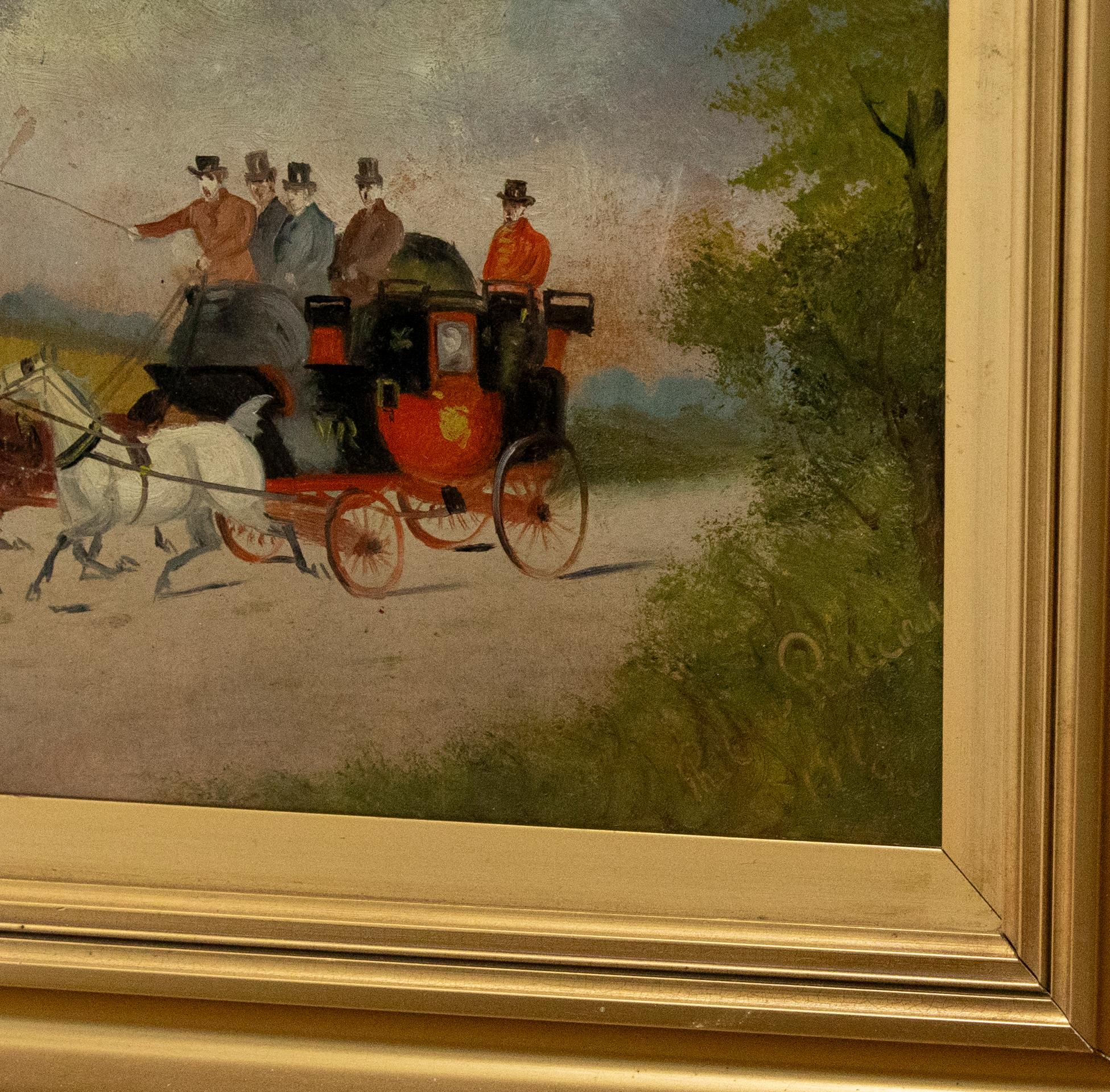 An early 20th century oil from the well listed English artist Philip Henry Rideout (1860-1920). The scene depicts a stagecoach moving at pace down a large country lane. Well-presented in a 20th century gilt-effect frame. Signed and dated (1910) to