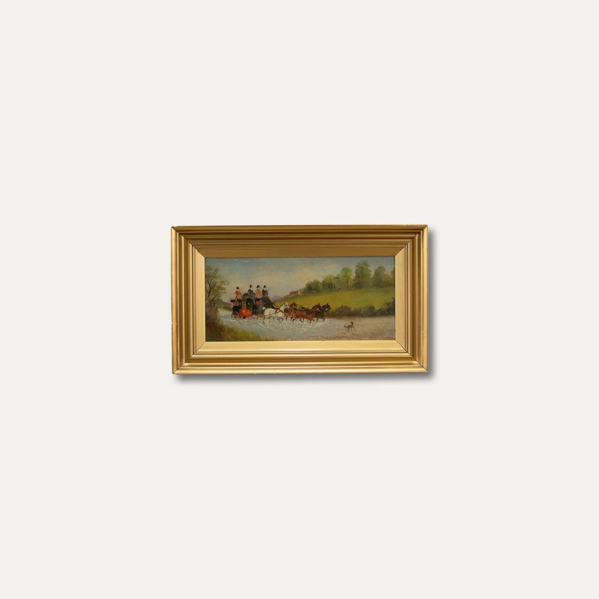 An early 20th century oil from the well listed English artist Philip Henry Rideout (1860-1920). The scene depicts a stagecoach moving with easy through a large country puddle. Presented in a 20th century gilt-effect frame. Indistinctly signed and