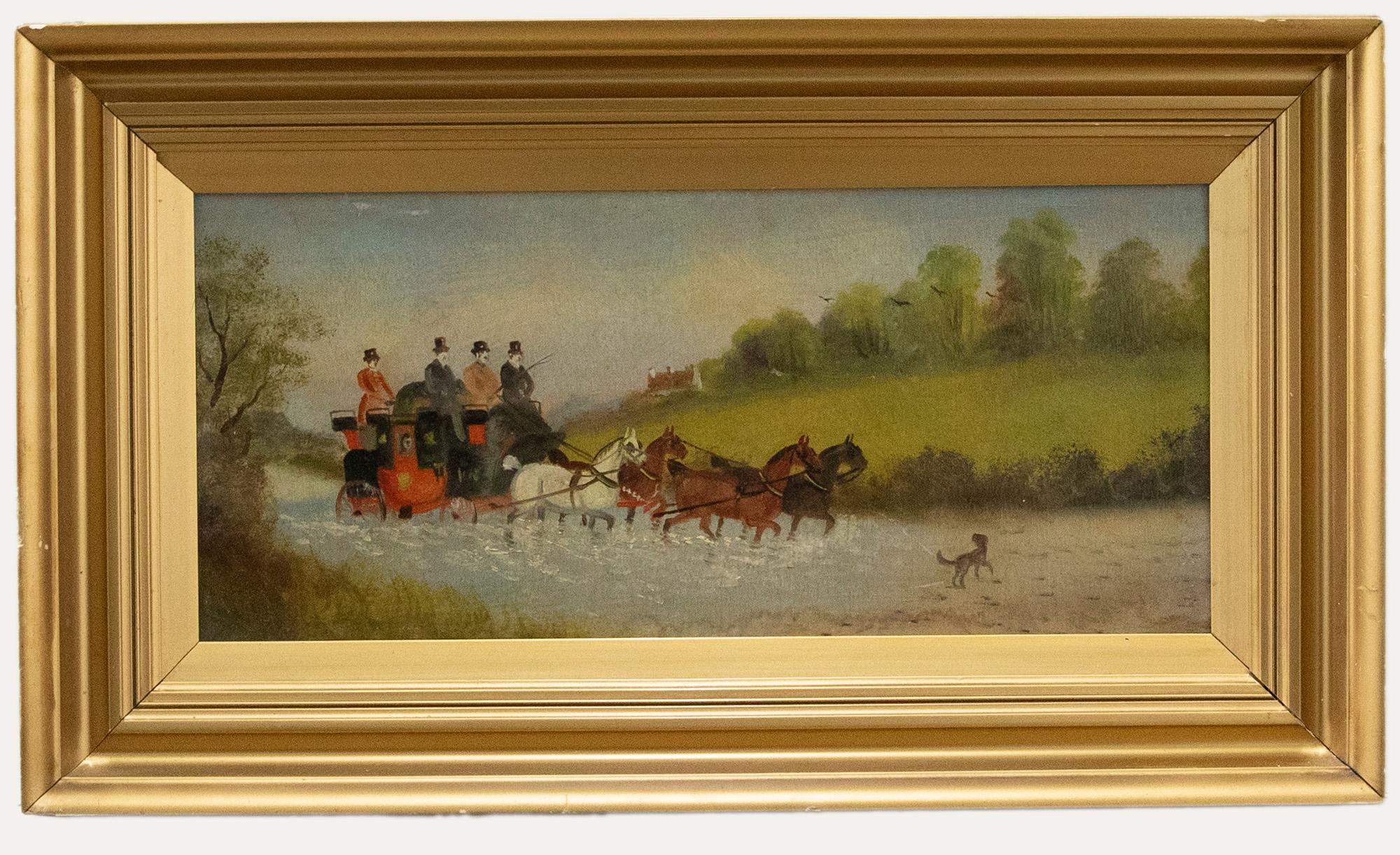 Landscape Painting Unknown - Huile encadrée « Coach in Water » de Philip Henry Rideout (1860-1920)