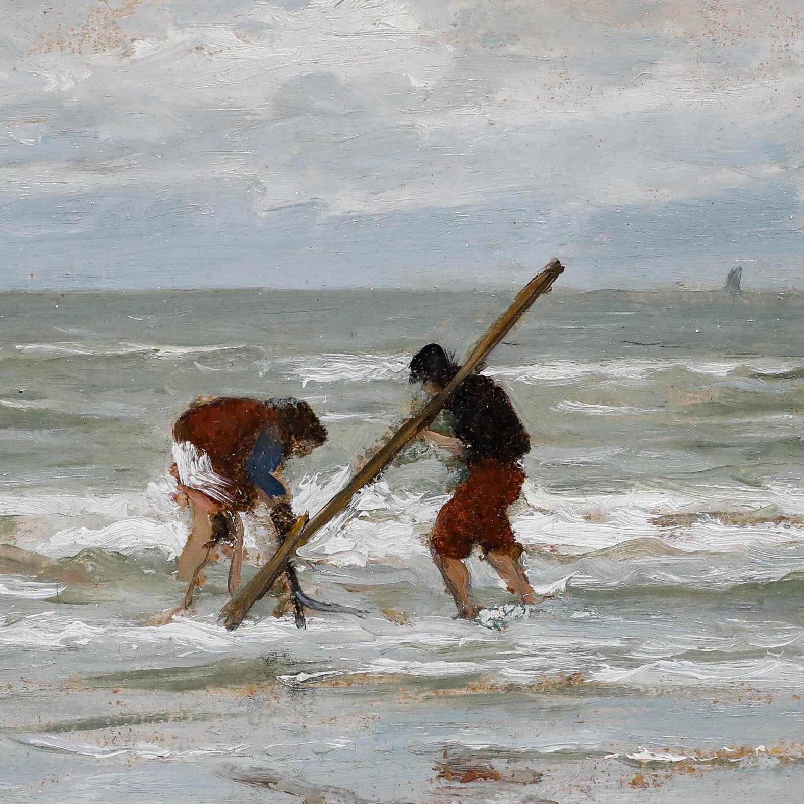 Une scène côtière atmosphérique de l'artiste Philip Sadee (1837-1904). L'artiste utilise un pinceau doux et impressionniste pour capturer les vagues écumantes tandis que les personnages pêchent. Signé et daté en bas à gauche. Label Gallery au verso.