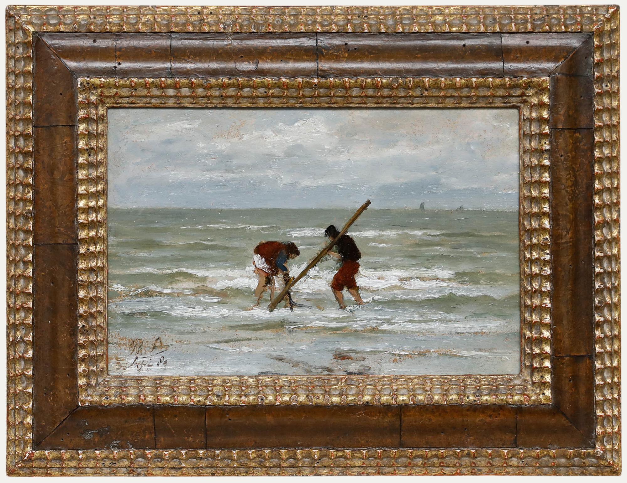 Figurative Painting Unknown - Philip Sadee (1837-1904) - 1880 Oil, Pêcheur de coquillages