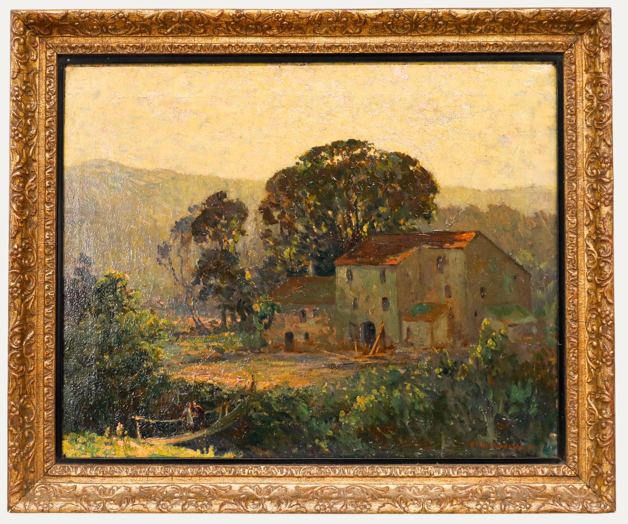 Unknown Landscape Painting – Philip V. Whitehouse (fl.1907-1921) - 1920 Öl, Die Farm auf der anderen Seite der Brücke