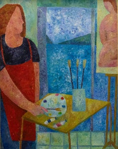 Philippa Hall - Framed Contemporary Oil, Artist At Her Easel