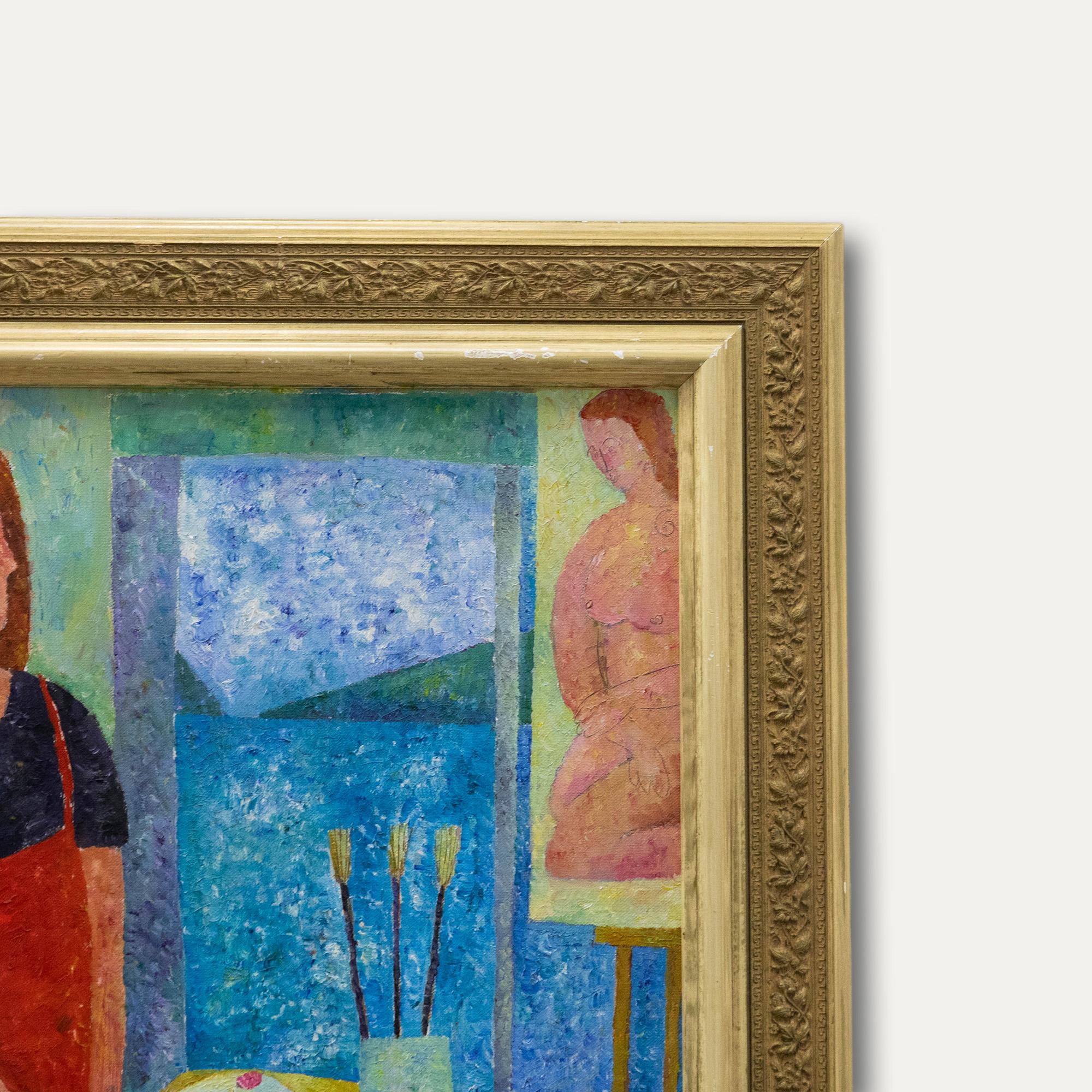 Philippa Hall - Framed Contemporary Oil, Artist At Her Easel For Sale 1