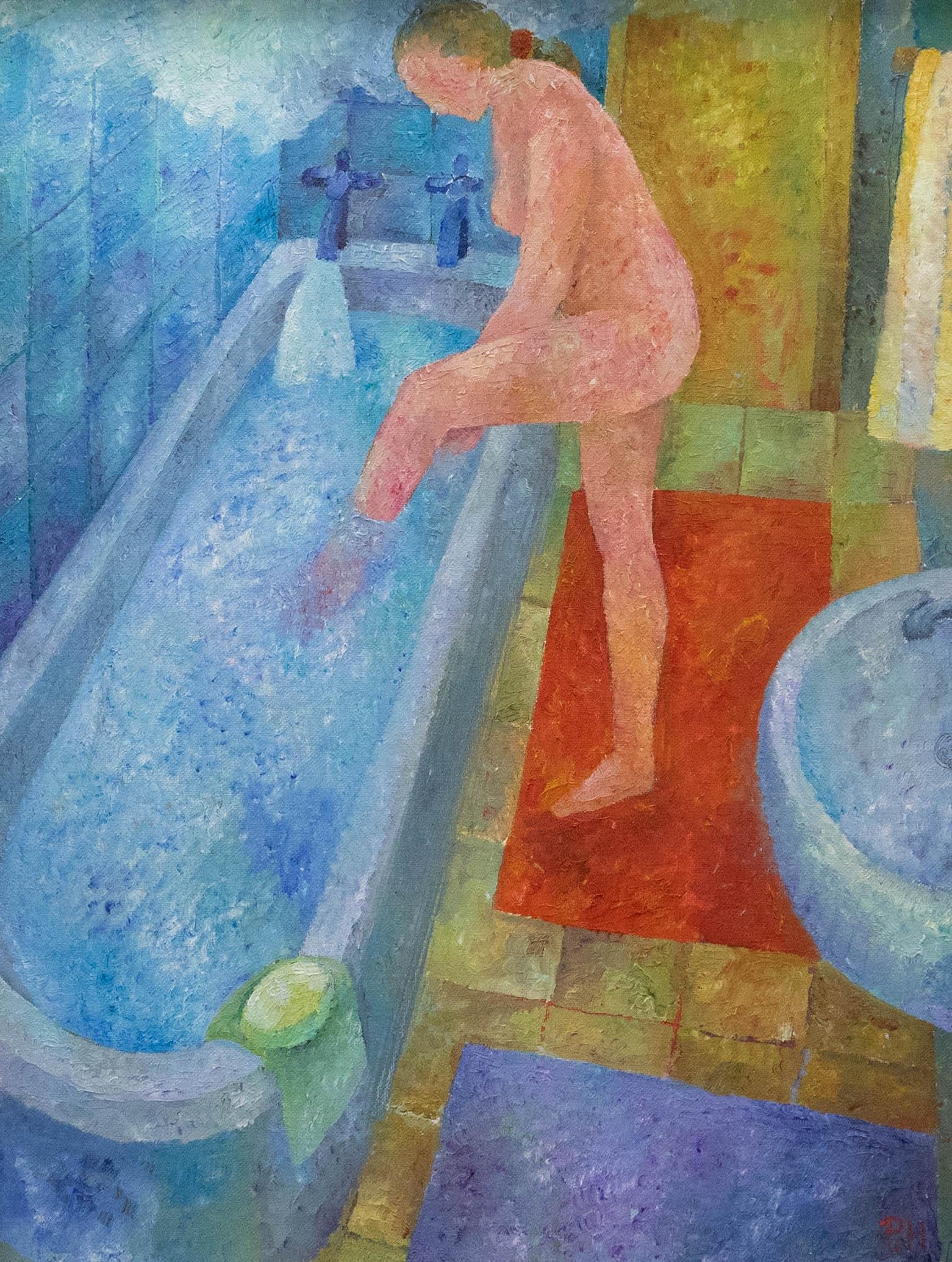 Philippa Hall - Gerahmtes Contemporary Öl, Vorbereitung für ein Bad – Painting von Unknown