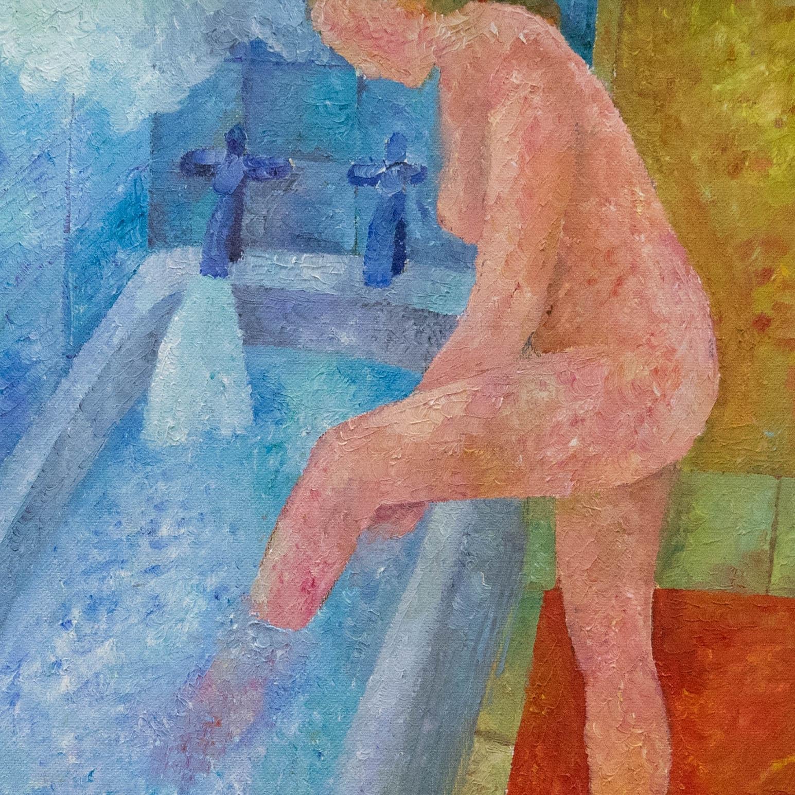 Philippa Hall - Framed Contemporary Oil, Preparing for a Bath For Sale 1